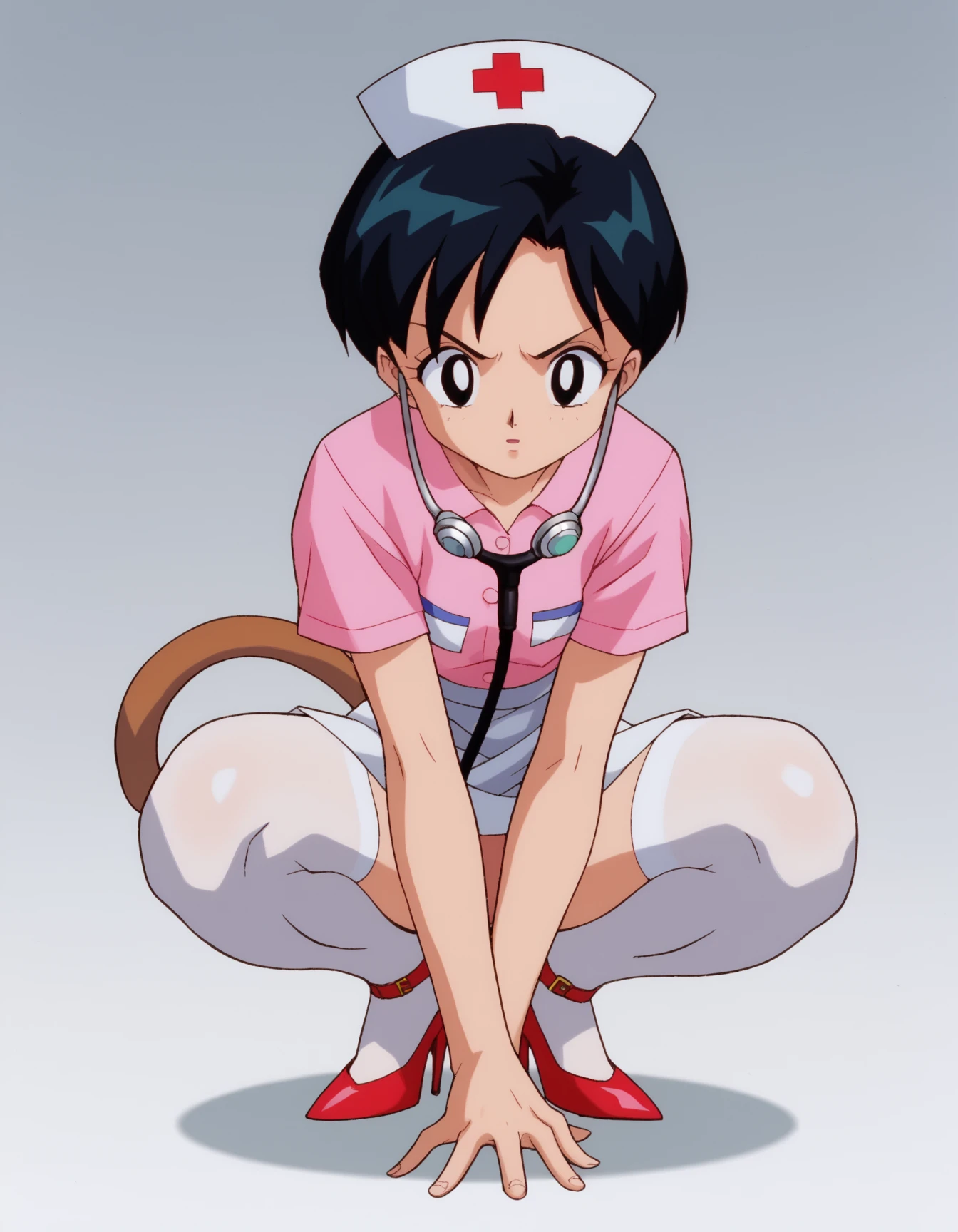 zPDXL, score_9, score_8_up, score_7_up, source_anime,
1girl, solo, <lora:SailorMoon:1> slrmn, <lora:Parsleah_v1:0.8> parsleahbase, black hair, short hair, black eyes, (monkey tail), small breasts, brown tail,, squinting, crouching, nurse wearing Tailored blouse with a full, knee-length skirt, white stockings, Mary Jane heels, nurse cap with a stiff, angular brim, 1950s, stethoscope draped around the neck,