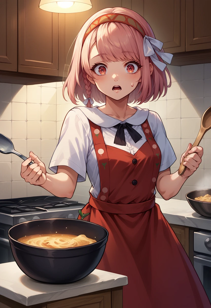 score_9, score_8_up, score_7_up, source_anime, 1girl, cowboy shot, cooking, holding spoon, mixing bowl, looking at you, surprised, open mouth, sweatdrop, BREAK <lora:LapisFE-pdxl:1> casLapis, short hair, side braid, two-tone hairband, hair ribbon, red pinafore dress, indoors, kitchen