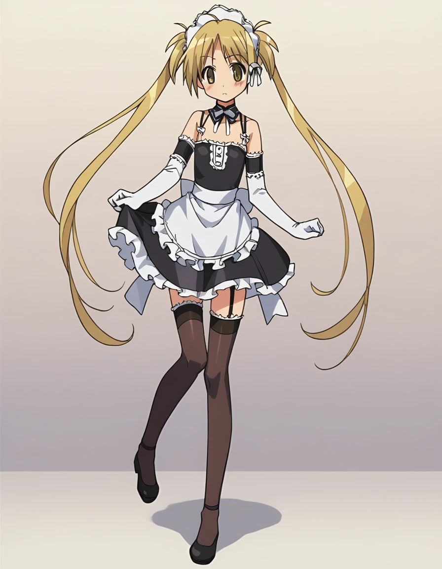 zPDXL, score_9, score_8_up, score_7_up, source_anime,
1girl, solo, speaking, talking, (standing_on_one_leg), mitsuki, little girl, flat chest, twintails, yellow eyes, blonde hair , koremaid, bare shoulders, elbow gloves, white gloves, detached collar, arm garter, garter straps, black thighhighs, frilled thighhighs, maid headdress, black footwear, <lora:KoWaGo_v2-1:0.8> himm,