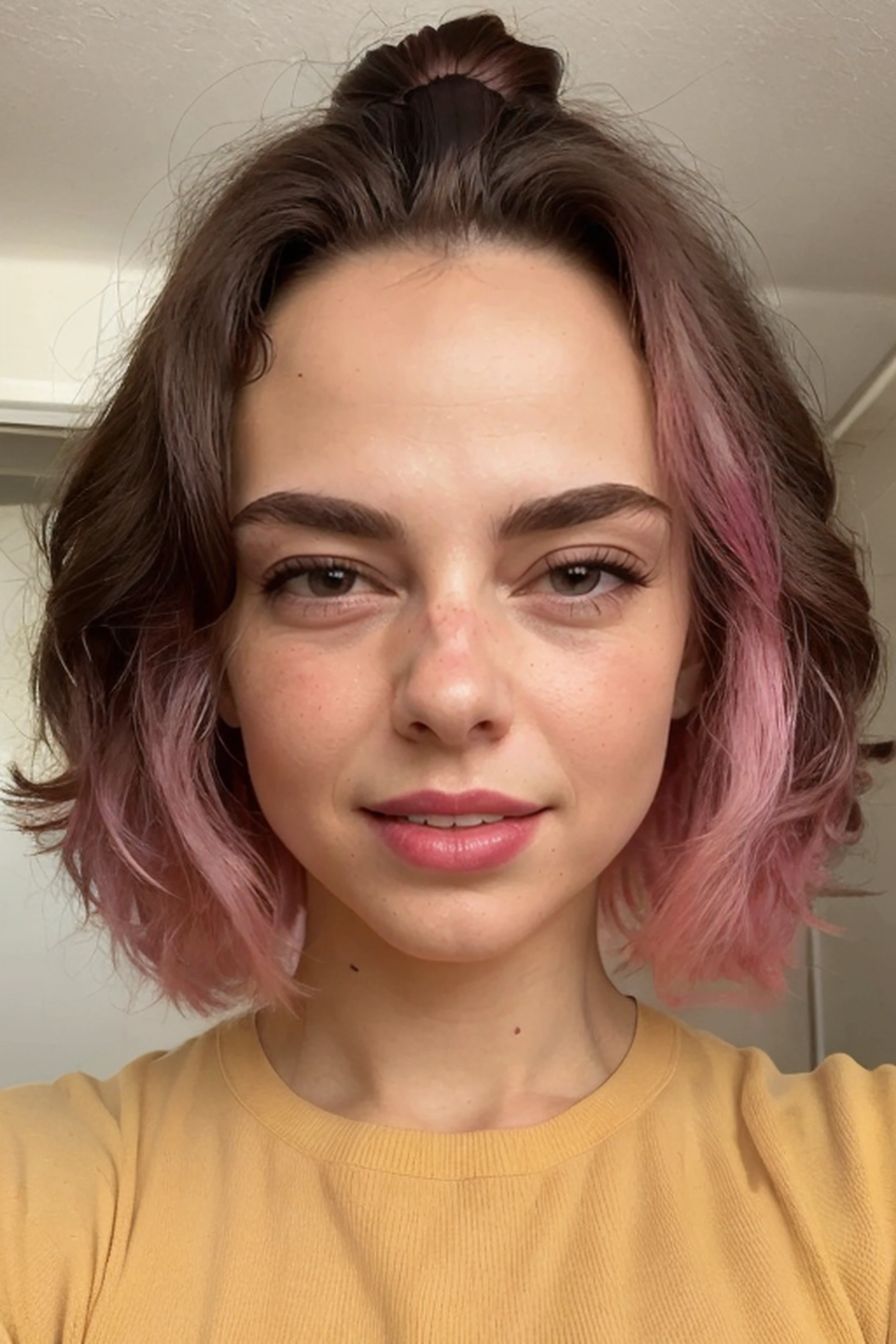 a professional absurdres intricately detailed sharp focus photograph of a beautiful AnastasiaPronina,
wearing a conservative tie-dyed suit jacket and long orange swirled pencil skirt, drinking out of a human skull, with a gentle smile with a (pink exploding chicken hair style:1.4) and (indigo eye shadow:1.4) and (gold lipstick:1.4),
wearing a lime green corded sweater with a indigo pencil skirt, (standing in front of a zamboni that might be on fire:1.2),
<lora:ddw_v1:0.8> wink