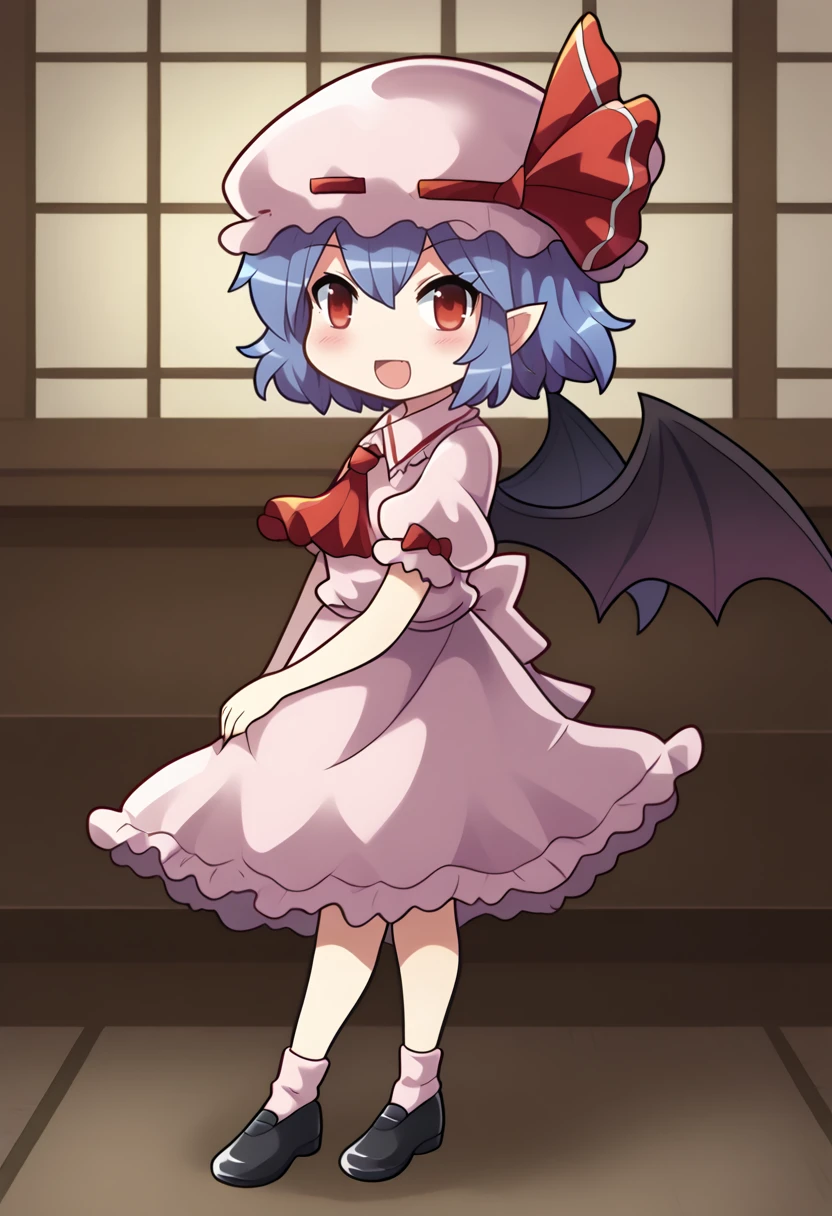 score_9, score_7_up, hd, (ultra hd quality details), indoors, flat colors,
solo, 1girl, remilia_scarlet, touhou, bat_wings, mob_cap, red_ribbon, hat_ribbon, red_ascot, puffy_short_sleeves, pink_hat, collared_shirt,
looking at viewer, smile, open mouth,
chibi, standing, from side,
<lora:Touhou_pony:1>
<lora:_colonel_aki_style-elesico:1.1>