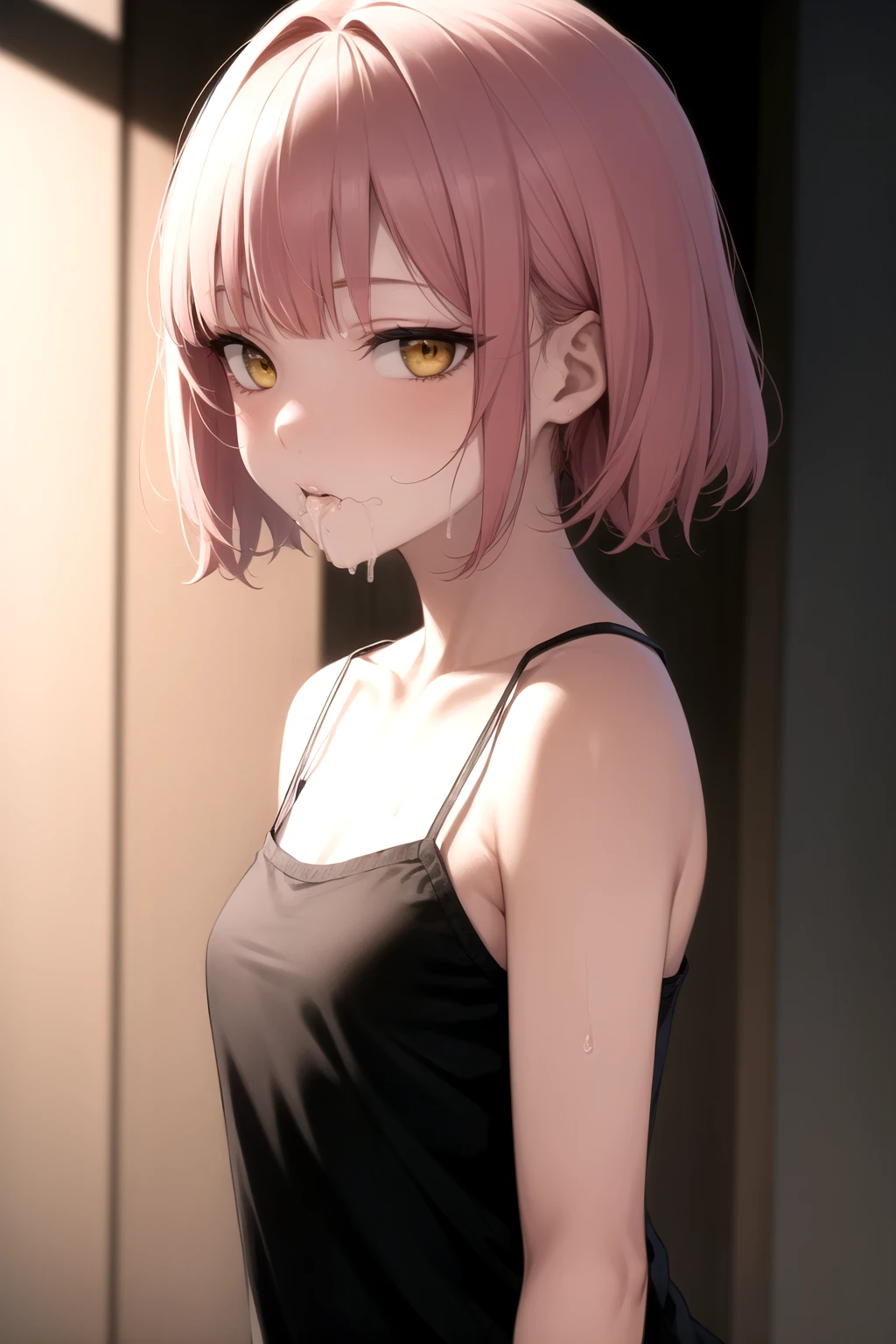 <lora:stray_pubic_hair_v0.1:1.5>
1girl, stray pubic hair, pink hair, yellow eyes,camisole, cum,, masterpiece, best quality, highly detailed