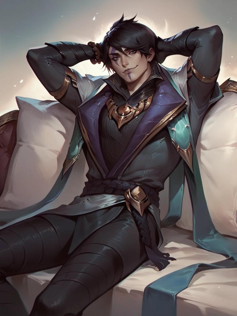 score_9, score_8_up, score_7_up, Aphelios, 1man, solo, black hair, face makeup, robe, golden neackle, black gloves, bracelet, black pants, lying on sofa, hands behind head, smirk, concept art,, <lora:ApheliosNormal:1> <lora:Concept Art Twilight Style SDXL_LoRA_Pony Diffusion V6 XL:1>