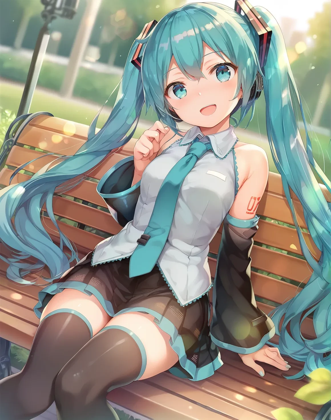 score_9, score_8_up, score_7_up, score_6_up, a girl sitting on a park bench, dutch angle, smile, (hatsune miku:0.7), open mouth, blush, lens flare, detached sleeves, black thighhighs, head tilt, necktie, 
<lora:torino_aqua_style_pony6_v1-000038:1>