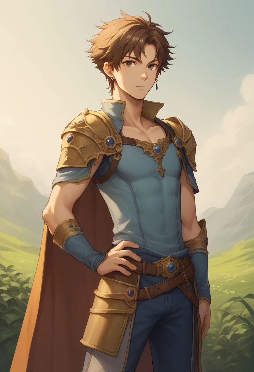 score_9, score_8_up, source_anime, highly detailed, 1boy, solo, skinny,
bartz, brown hair, short hair, solo, 1boy, male focus, cape, jewelry, earrings, boots, hand on hip, armor, shoulder armor, brown eyes,
outdoor, upper body,