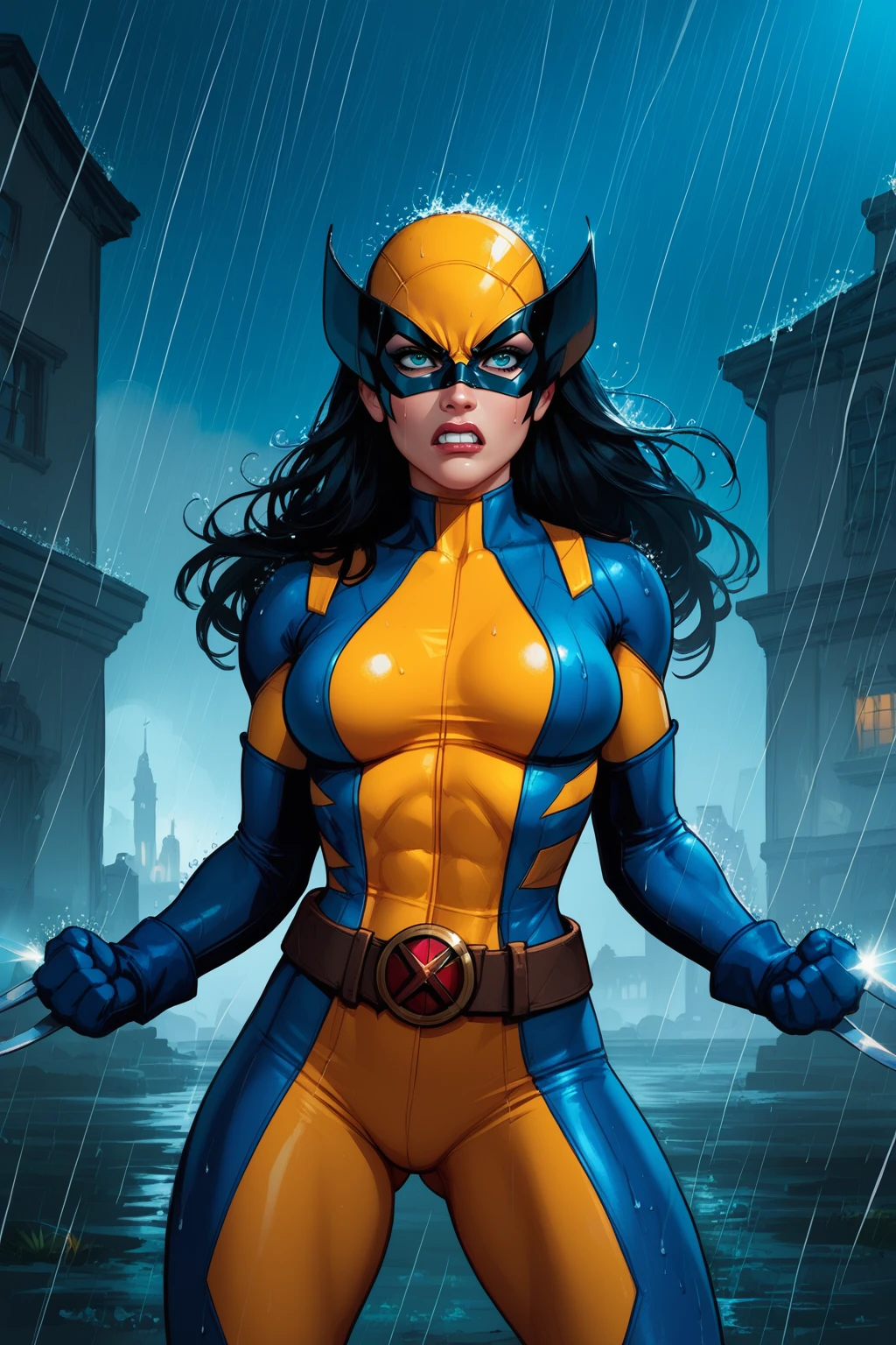 score_9, score_8_up, score_7_up, masterpiece, high quality, BREAK
<lora:Laura Kinney X-23PonyLoRA:1>LraKinyX, long hair, mask, bodysuit, gloves, belt, angry, rain, weapon, claws