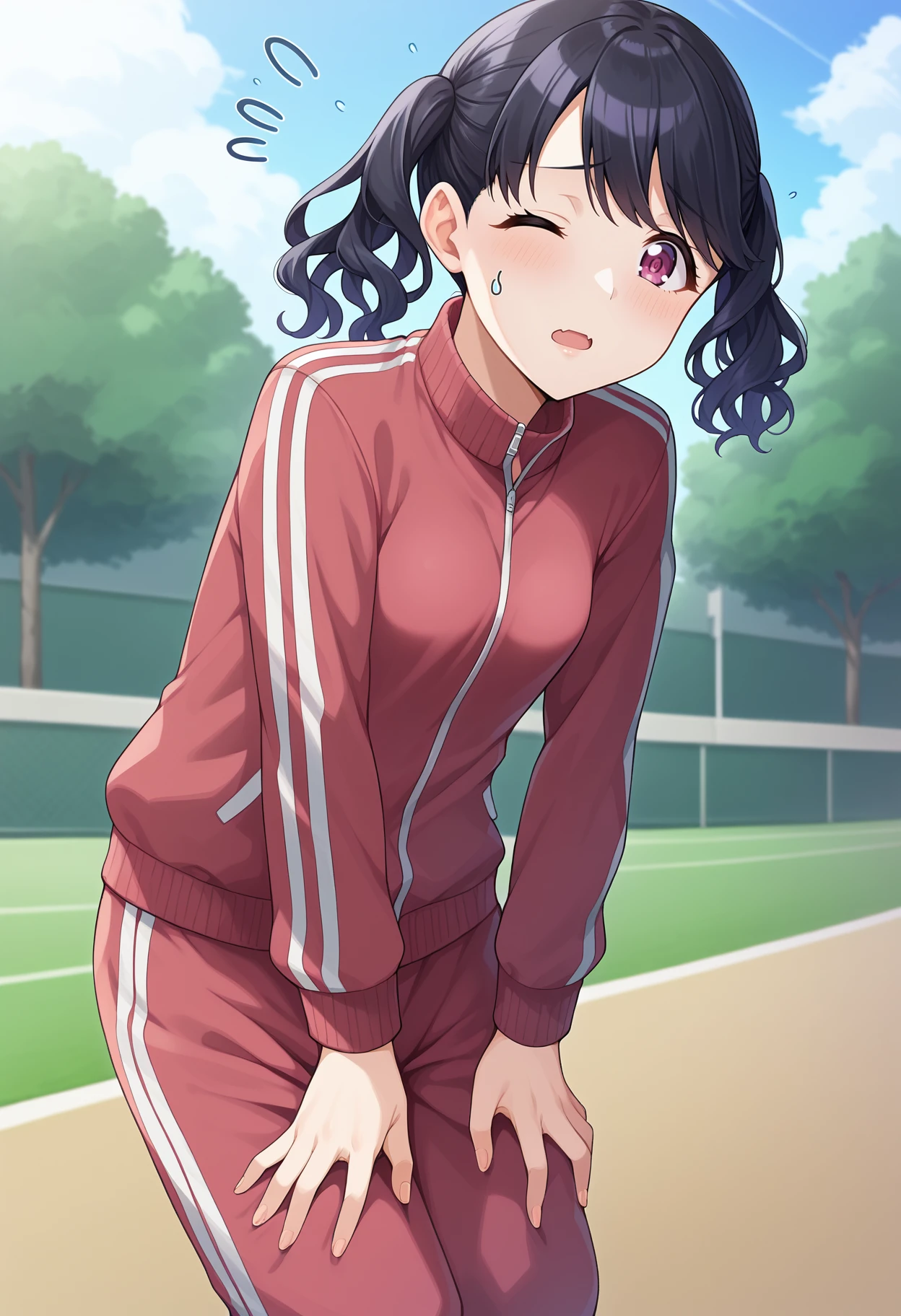 score_9, score_8_up, score_7_up, BREAK source_anime, 1girl, fukumaru koito, small breasts, black hair, twintails, purple eyes, track jacket, track pants, flying sweatdrops, parted lips, one eye closed, (exhausted:1.2), hands on own thighs, outdoors, summer <lora:hskc-koito-pony-v0.5:1>