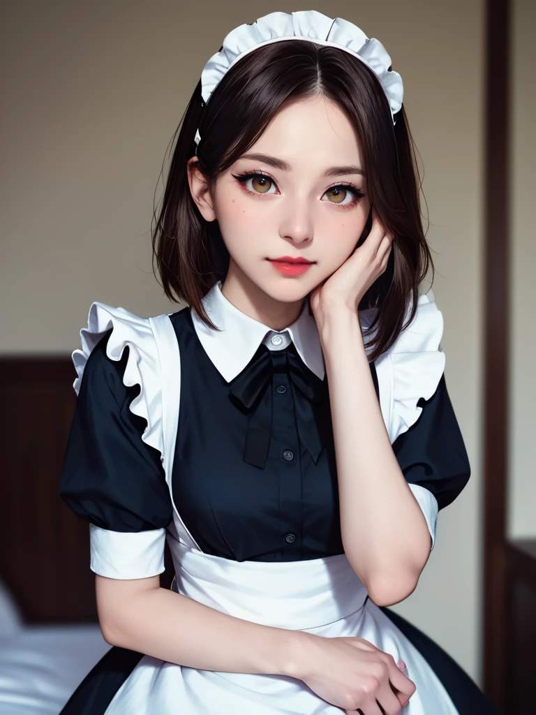 masutepiece, Best Quality, One girl, (Beautiful Girl:1.3), (16 years old:1.2), Very fine eye definition, (Symmetrical eyes:1.3), (Maid costume, Cute Maid, Moe Maid:1.2), Beautiful breasts, Brown eyes, Parted bangs, Brown hair