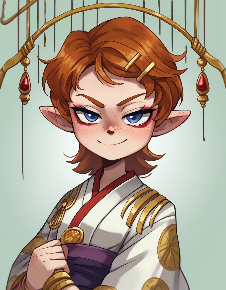 zPDXL, score_9, score_8_up, score_7_up, source_anime,
1girl, solo, <lora:Popipi_v1:0.8> popipi, lalafell, blue eyes, dark nose, freckles, orange hair, short hair, pointy ears,, smirk, zombie_pose, geisha wearing a stunning uchikake kimono with lavish brocade and gold thread, embellished with auspicious motifs and seasonal themes, elaborate gold and silver hikimayu eyebrow makeup with metallic pigments and glue, ornate kanzashi hairpins with lacquer and precious metals, adorned with seasonal flowers and symbolic motifs, <lora:peargor_v2:1> prgr