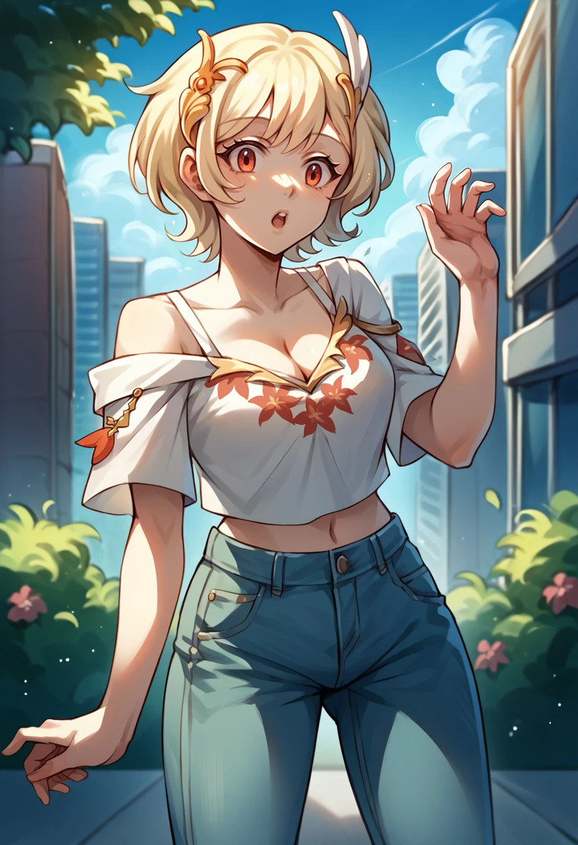 score_9, score_8_up, score_7_up, source_anime, 1girl, cowboy shot, looking at viewer, surprised, hand up, <lora:CitrinneFE-pdxl:1> rndCitrinne, short hair, wing hair ornament, floral print crop top, cleavage, off shoulder, short sleeves, jeans, outdoors, cityscape