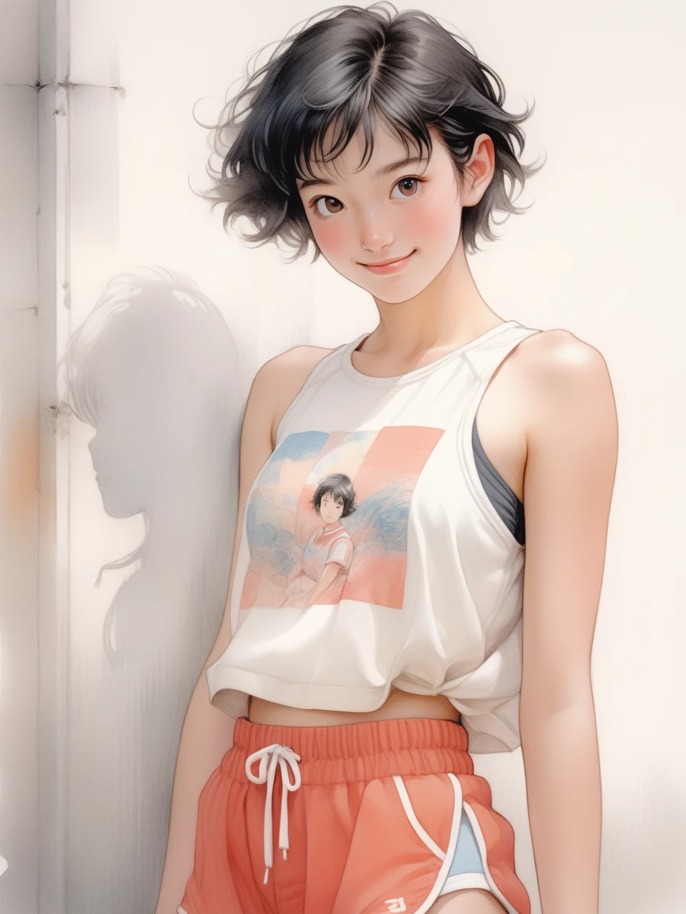 Ink pastel,front view,half portrait with waist up,a beautiful 20-year-old girl with neat short black hair,round eyes,cute,shy smile,designer sports shorts,comic illustration,attractive,revival mural,Antonio Boraiolo style,Yoshitaka Amano style,
Miho Hirano style,8K,high resolution.,
