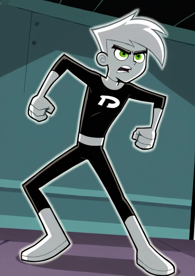 masterpiece,best quality,highres <lora:Danny_fenton_Danny_phantom_for_pony:0.6>,1boy,solo,danny fenton,white hair,short hair,green eyes, skinny,black bodysuit,(parody:0.2) <lora:Lunas-Loodncrood-SDXL-A1:0.6>,ghost,fighting stance,