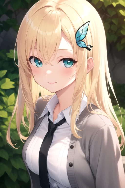 ((masterpiece)),(best quality),official art,extremely delicate and beautiful,extremely detailed CG,unity 8k wallpaper,ultra detailed,beautiful detailed eyes,extremely detailed face,outdoors,1girl,solo,upper body,(portrait:1.5),looking at viewer,facing viewer,smile,Kashiwazaki Sena,very long hair,blonde hair,butterfly hair ornament,hair between eyes,parted bangs,aqua eyes,st. chronica academy school uniform,grey cardigan,black necktie,collared shirt,white shirt,large breasts,skindentation,miniskirt,green skirt,plaid skirt,pleated skirt,frilled skirt,black socks,loafers,<lora:Kashiwazaki Sena(idhmf)>,