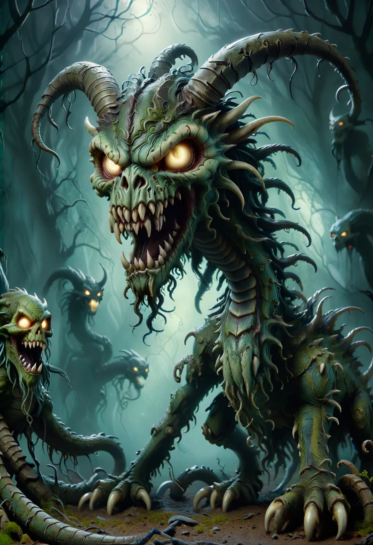 DonMV00d00XL a mythical ground spirit wyrm-like Knucker, tendrils, horned head, variable clawed legs, serpentine tails, <lora:DonMV00d00XL:1>