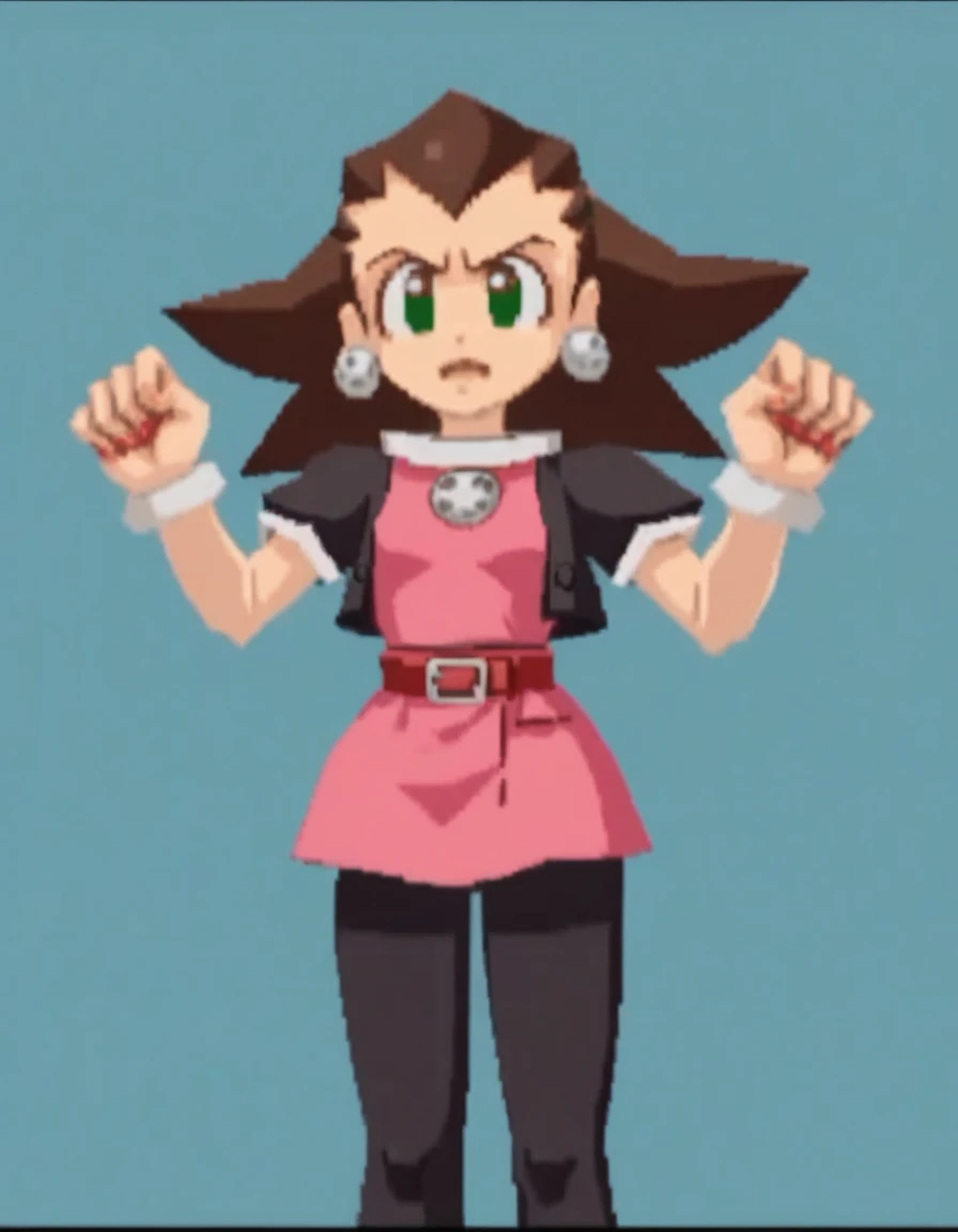 zPDXL, score_9, score_8_up, score_7_up, source_anime, 1girl, solo,
<lora:RockLegend_v1:1> rcklgnd, tron bonne \(mega man\), brown hair, green eyes, pink dress, black jacket, black pantyhose, hair slicked back , giggling, victory pose,