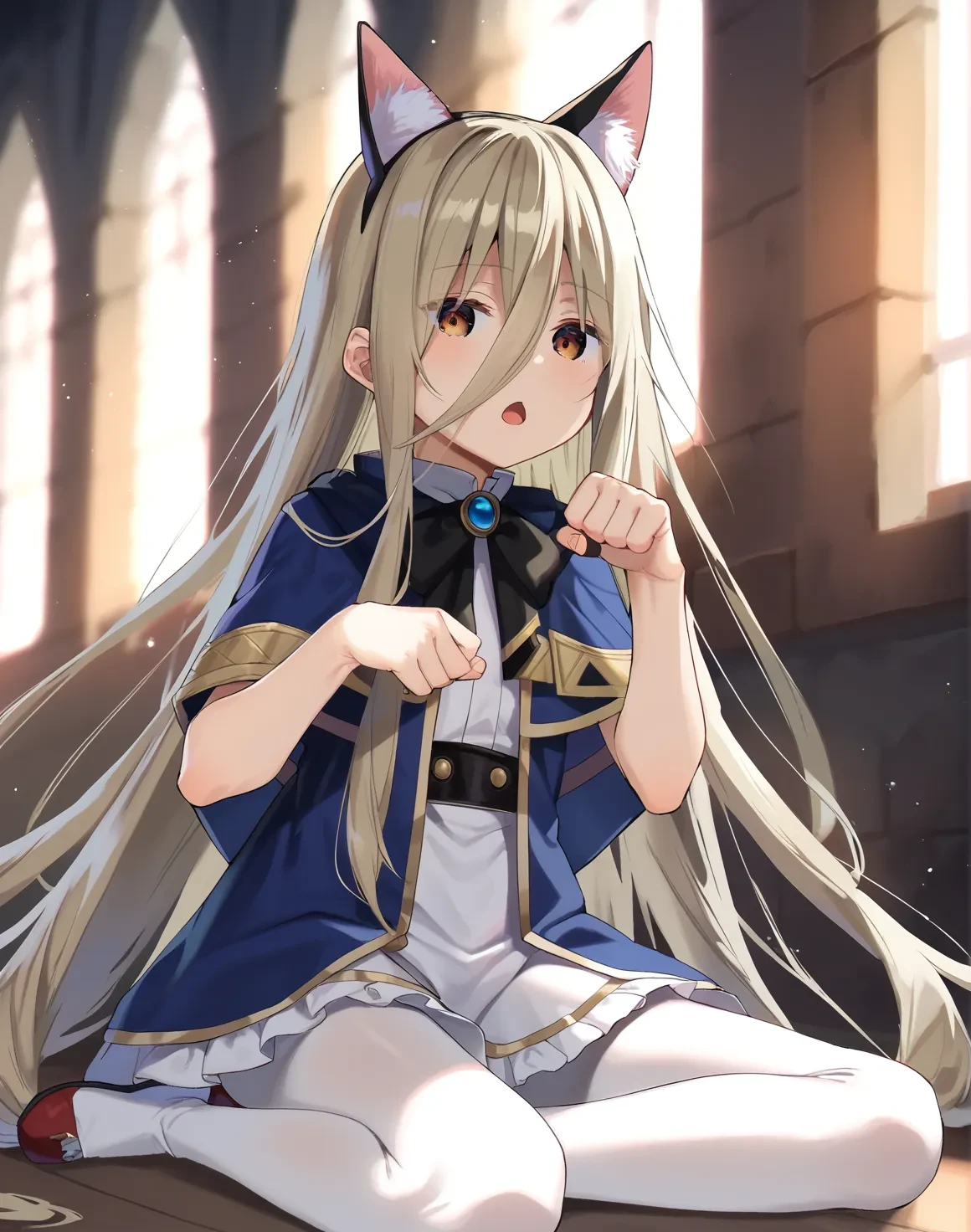 score_9, score_8_up, score_7_up, score_6_up,1girl sitting on the floor, paw pose, open mouth, (fake:1.2) cat ears, lens flare, castle, window
, <lora:arumamai_ayuka_plus_style_pony6_v1:1> <lora:sense_sousou no frieren_PONY_last:0.6> sense \(sousou no frieren\),brown eyes,very long hair,absurdly long hair,hair between eyes,eyes visible through hair, blue capelet,frilled dress,white long dress