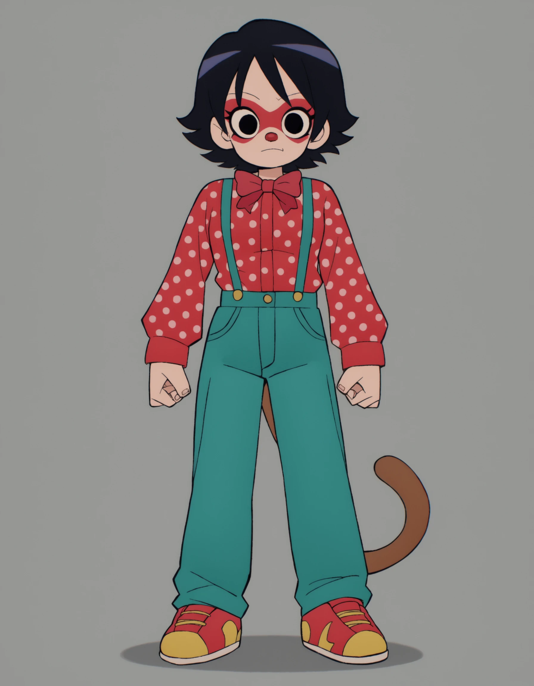 zPDXL, score_9, score_8_up, score_7_up, source_anime,
1girl, solo, <lora:Parsleah_v1:0.8>  parsleahbase, black hair, short hair, black eyes, (monkey tail), small breasts, brown tail,, clown, red plastic nose, white face paint, wearing a polka-dotted  suspenders over a colorful shirt,patchwork pants,glittery shoes, black hair with a big red nose, rainbow suspenders,oversized bow tie, rainbow face paint ,  <lora:ScottP-v2-3:0.8> scttp