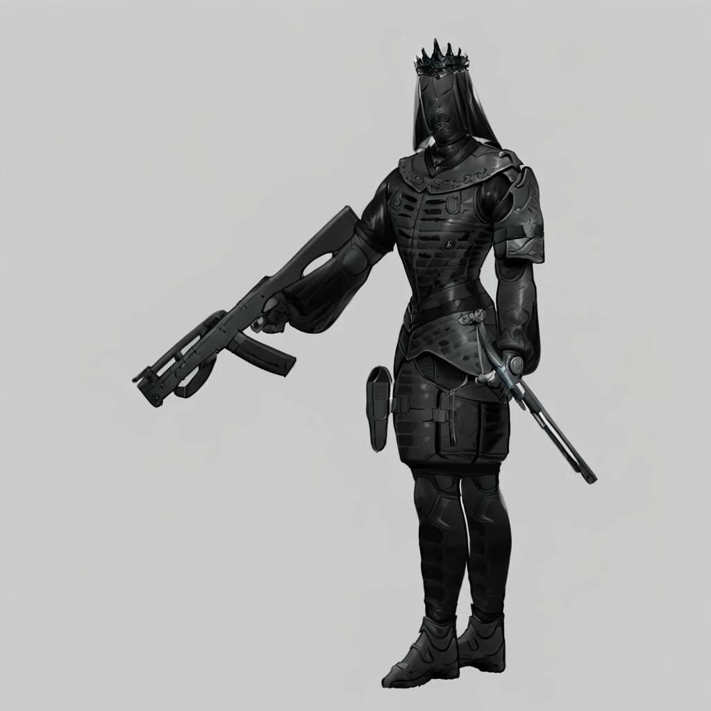 nokk, nokk \(rainbow six siege\),nokk elite \(rainbow six siege\), solo, simple background, gloves, 1boy, white background, holding, standing, monochrome, full body, weapon, greyscale, male focus, boots, holding weapon, armor, gun, helmet, holding gun, veil, rifle, knee pads, ambiguous gender