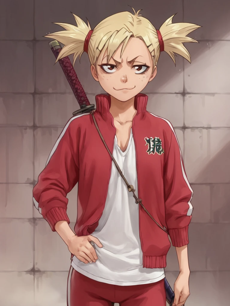 <lora:HiyoriSarugakiPony1.0:1.0>, score_9, score_8_up, score_7_up, score_6_up, score_5_up, score_4_up, looking at viewer,indoors,
HiyoriSarugaki, 1girl, solo, weapon, blonde hair, freckles, twintails, red track jacket, short twintails,, katana, red track pants,smile,