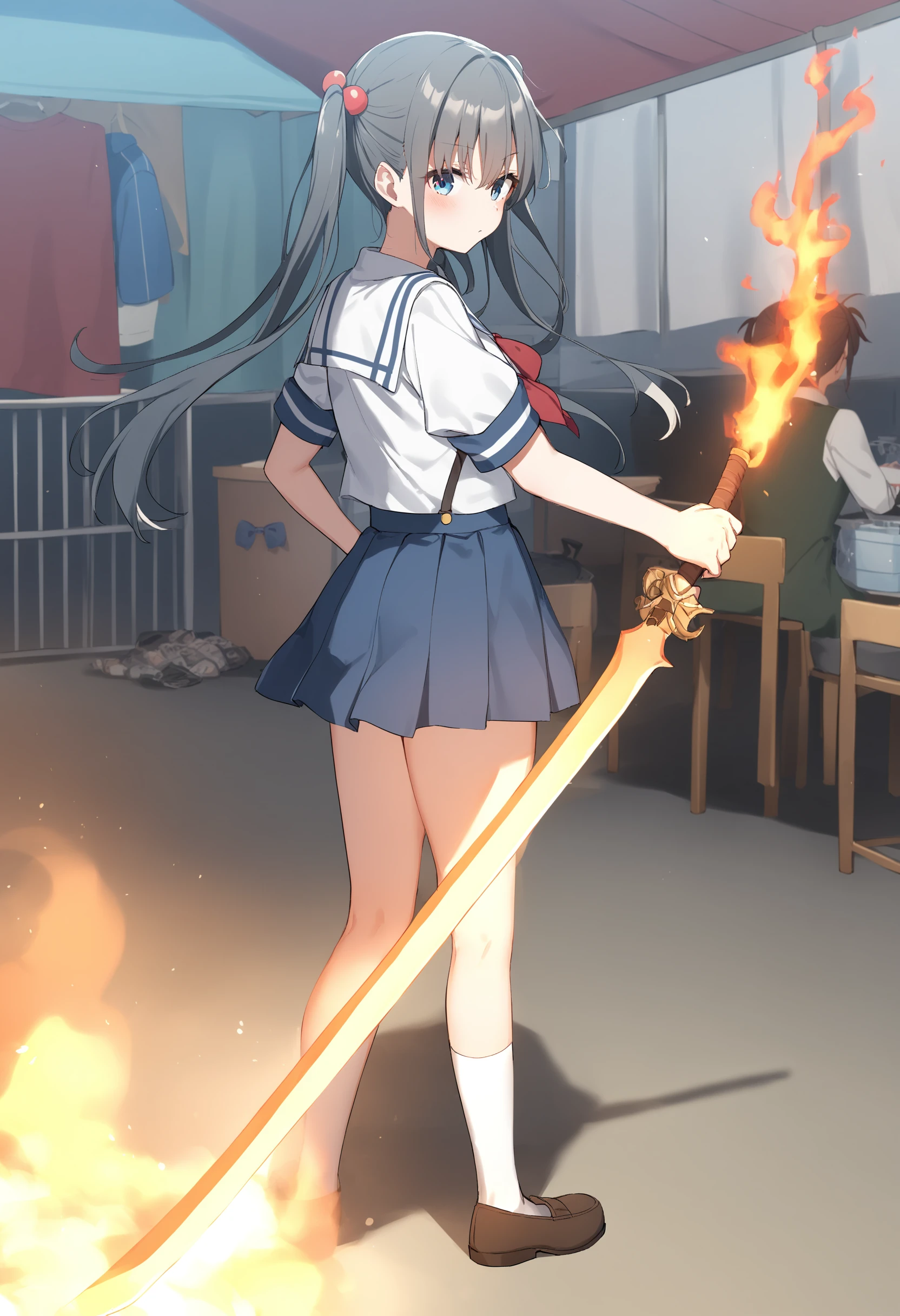 1girl,sincos, ningen mame, toosaka asagi,solo,medium breasts,school uniform,
flaming sword, holding sword, holding weapon,<lora:flamingsword_XL_v1:0.7>
fire, flaming weapon, glowing weapon, glowing sword, flame,
from behind, full body, looking down, gray hair, gray eyes,giggling, flea market, closed mouth, two side up hair,,
best quality, very aesthetic, absurdres