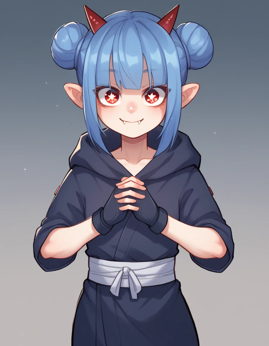 zPDXL, score_9, score_8_up, score_7_up, source_anime,
1girl, solo, <lora:Popoka_v2:1> ppka, sparkling eyes, own hands clasped, ninja wearing Hooded robe, ninja mask, fingerless gloves with grip pads,, <lora:Nullantwins:0.8> Zhuu, blue hair, red eyes, pointy ears, red horns, demon tail, small breasts, fangs out, double bun, blunt bangs,