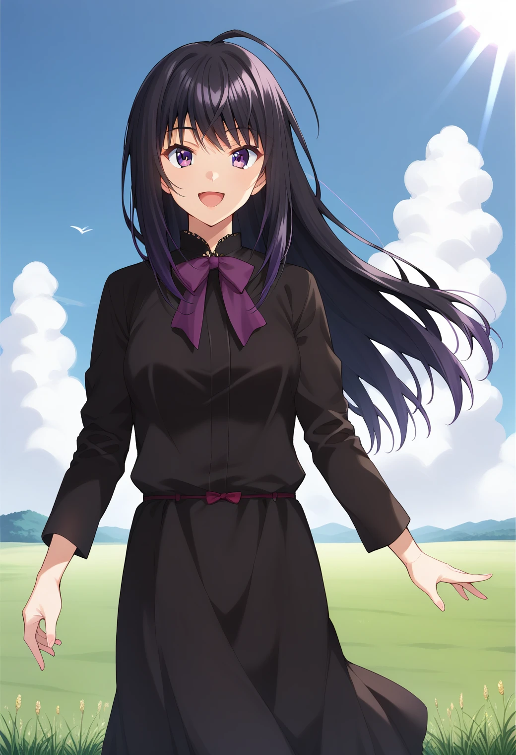 1girl, solo, (field:1.2), (sky:1.2), (sunlight:1.2), cowboy shot, smile, open mouth, 
ever17_tugumi, purple eyes, black hair, long hair, ahoge, bowtie, black dress, long sleeves, <lora:ever17_tugumi_pony_ver1:0.8>, score_9, score_8_up, score_7_up, BREAK source_anime, best quality, uncensored,