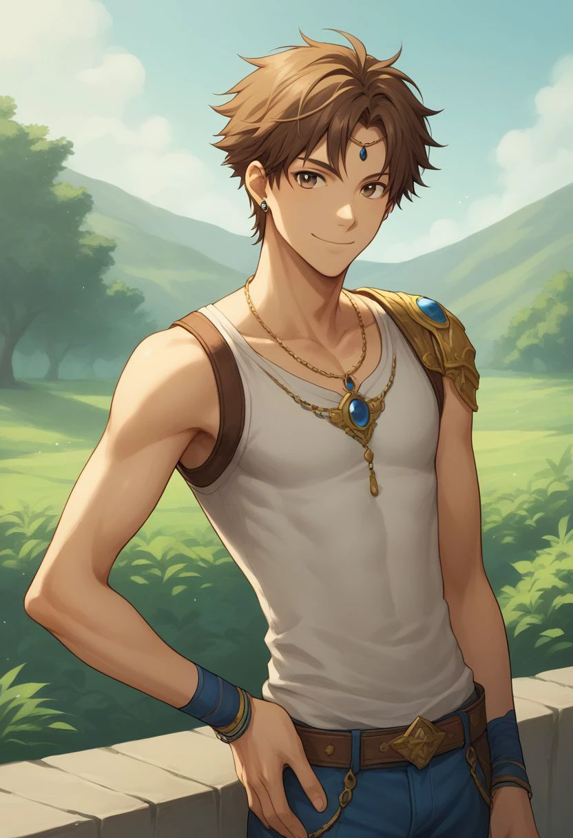 score_9, score_8_up, source_anime, highly detailed, 1boy, solo, skinny,
bartz, brown hair, short hair, solo, 1boy, male focus, jewelry, earrings, boots, hand on hip, brown eyes, smile,
outdoor, upper body,