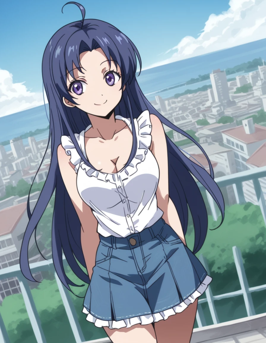 <lora:Medaka Kurokami:0.6> Medaka Kurokami, 1girl, breasts, long hair, Blue hair, cleavage, large breasts, solo, smile, head rest, sitting, looking at viewer, red eyes, Beautiful Detailed Eyes, (((crop top shirt, small jean jacket, Black Leggings, Knee Hight Boots,))) suducing stare, upper body, midriff, shrine at sunset, smile, ((Extremely Detailed)), ((Best Quality)), ((Masterpiece)), ((4k)),