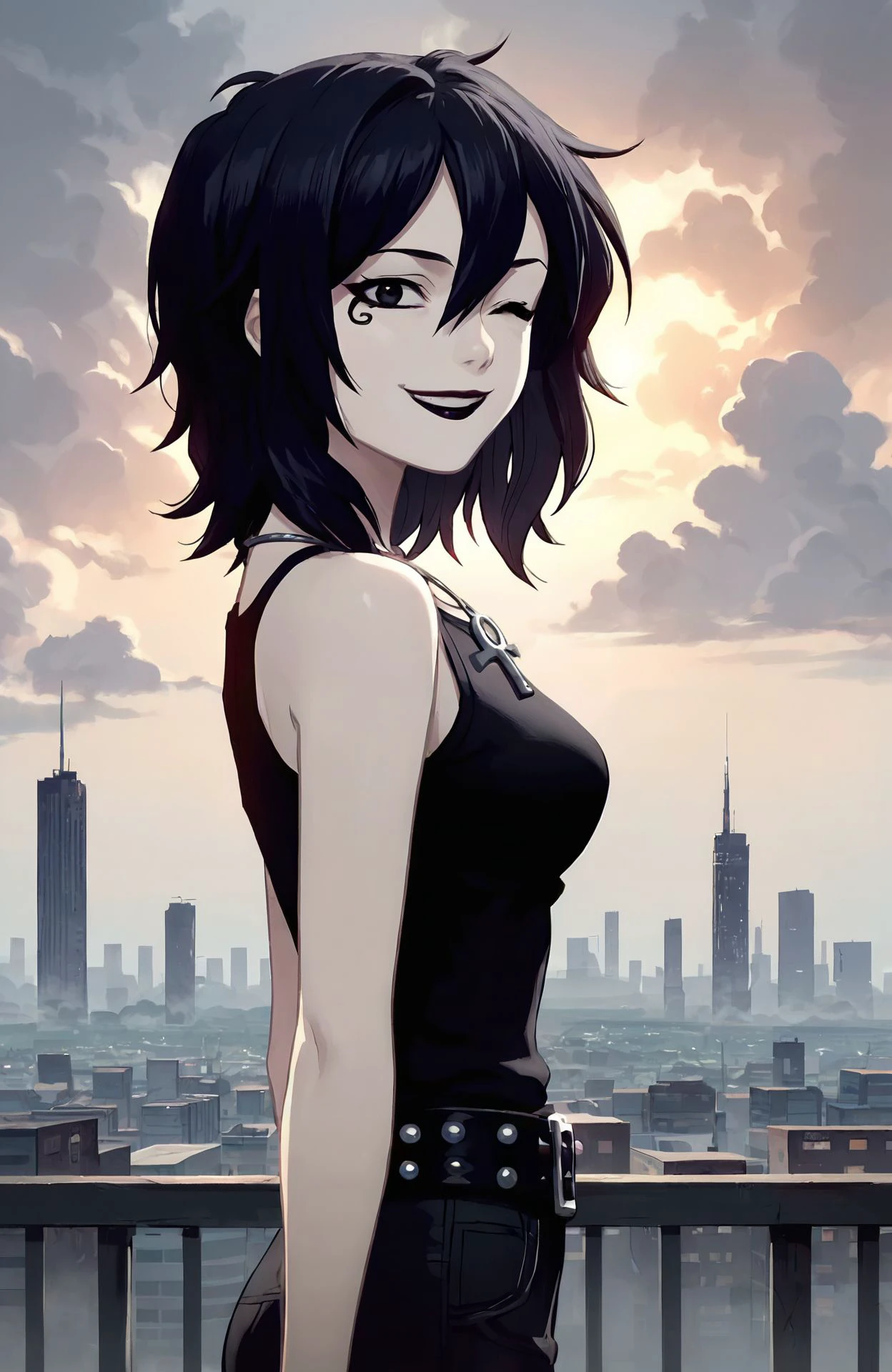 <lora:d_endless_pny:0.8>  D_endless, anime screencap, from side, 1girl, black eyes, black hair, medium hair, hair between eyes, pale skin, white body, medium breasts, facial mark, ankh necklace, black top, bare shoulders, studded belt, black pants, looking at viewer, black lips, goth, overcast, clouds, smile, one eye closed, skyscraper, source_cartoon, score_9, score_8_up, score_7_up, score_6_up, score_5_up, score_4_up, ponypositive,