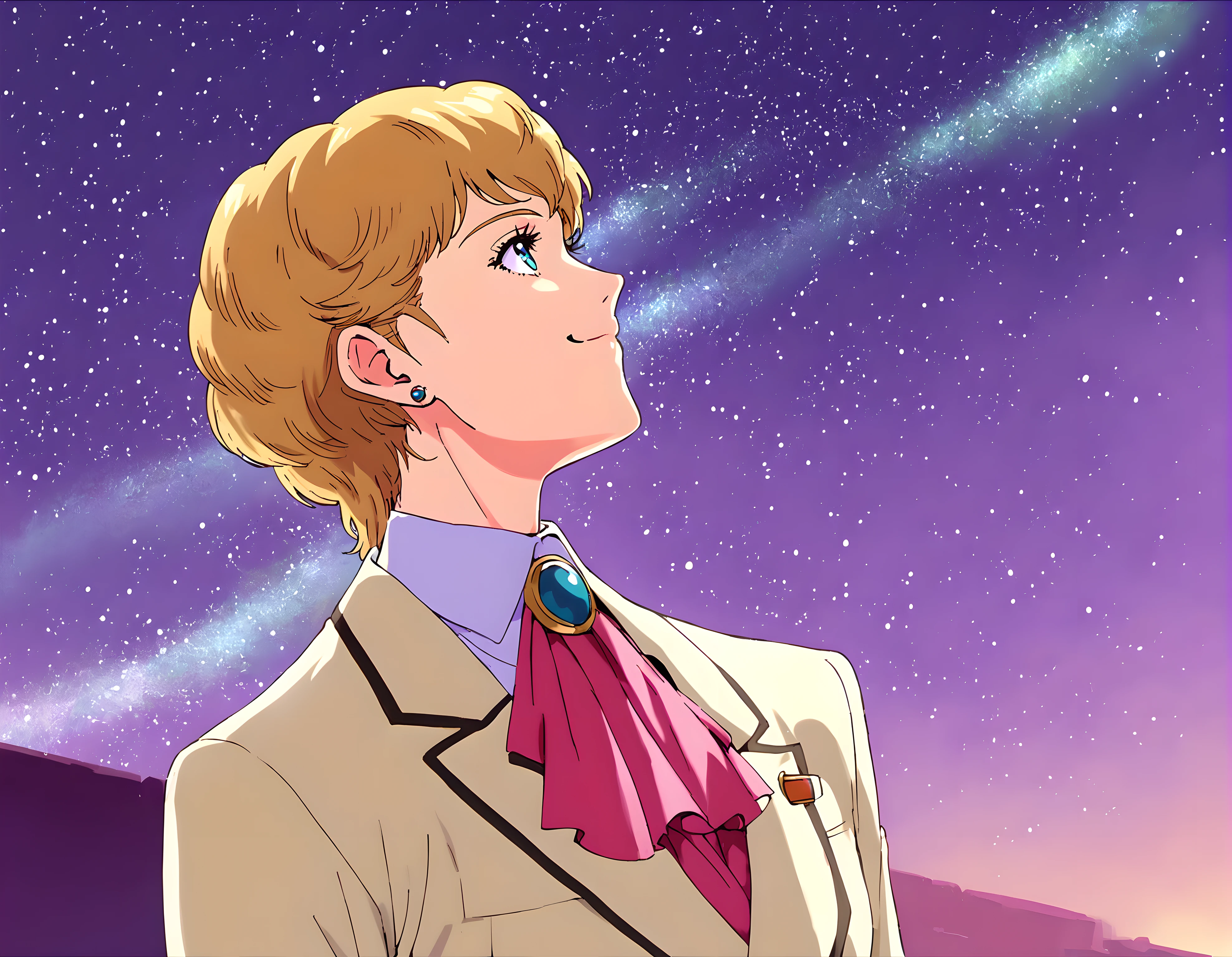<lora:pony_xl_Hildegard:0.8>,Hildegard,score_9,score_8_up,1girl,female,solo,short hair,earrings,suit,white collared shirt,ascot,brooch,Pantsuit,smile,gentle smile,stretching your spine,standing,hands_on_own_chest,looking up at the sky,from_side,from_below,looking_up,landscape,outdoor,night,hyper_galaxy,starry_sky,starry_background,