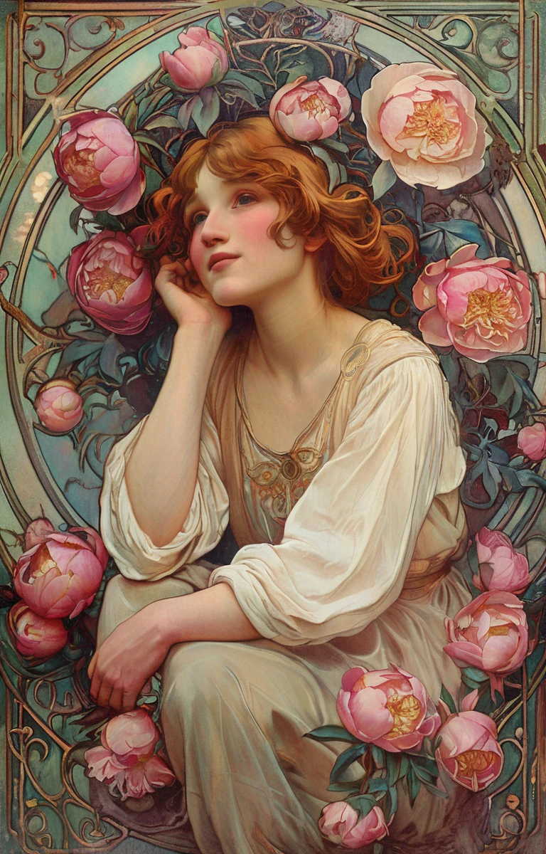 masterpiece,best quality,<lora:tbh200-sdxl:0.9>,illustration,style of style of Alphonse Mucha decaying peonies