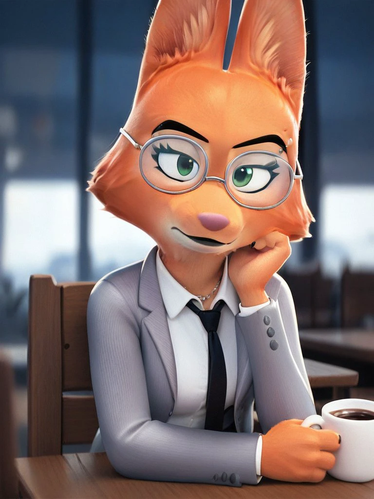 zPDXL, score_9, score_8_up, score_7_up, score_6_up, score_5_up, score_4_up,
Diane_Foxington, fox, ginger fur, emerald eyes, black lipstick, sharp black eyebrows, silver piercings on eyebrow, dusty-pink nose, black eyelashes, 4 fingers, white shirt, black tie, grey jacket, <lora:Depresso:1> depresso,looking at viewer, eye bags, tired, bored, glasses, table, sitting, coffee mug
<lora:Diane_Foxington_XL-000002:0.9>