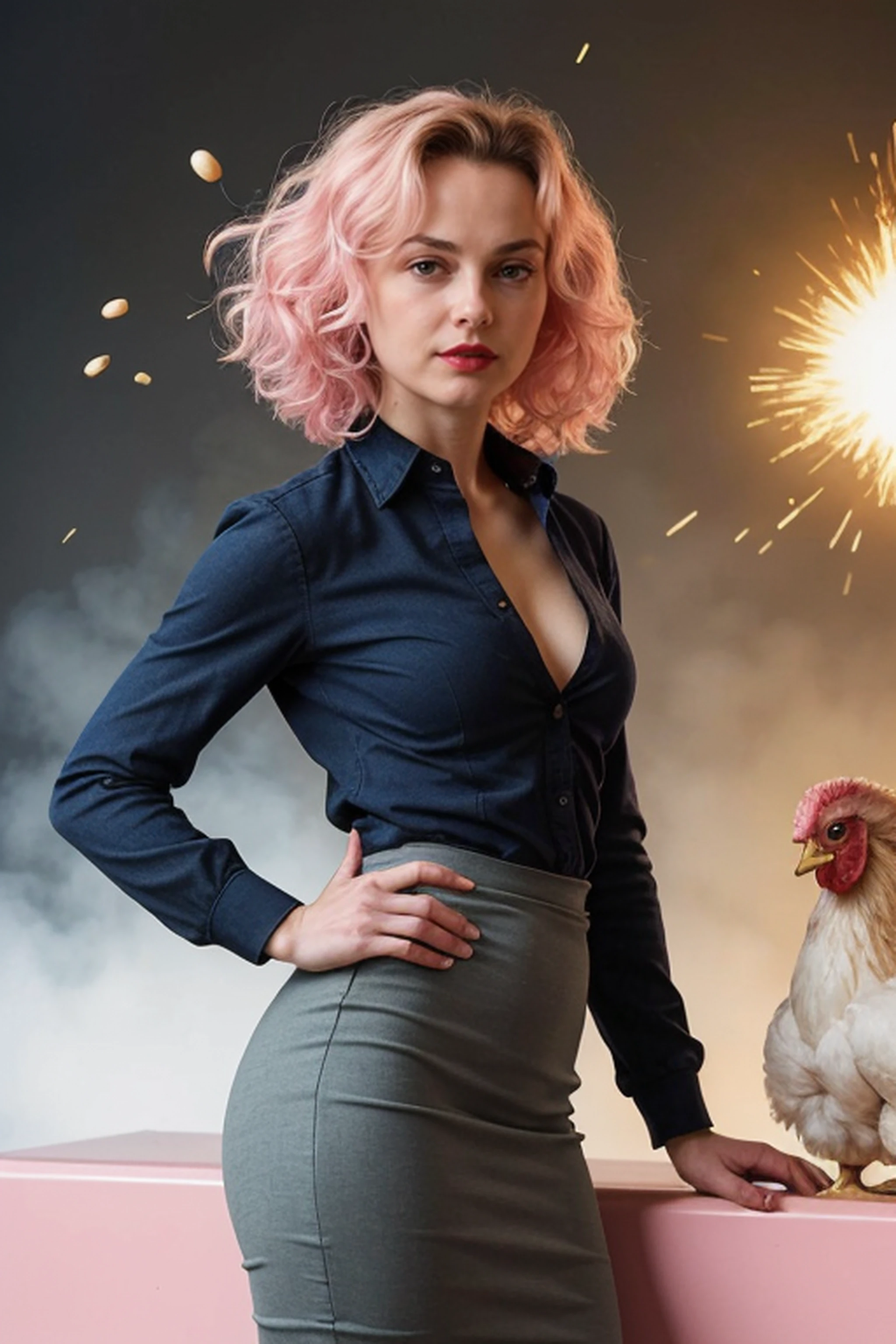 a professional absurdres intricately detailed sharp focus photograph of a beautiful (AnastasiaPronina:0.9),
wearing a conservative tie-dyed suit jacket and long orange swirled pencil skirt, juggling human skulls, with a gentle smile with a (pink exploding chicken hair style:1.4) and (indigo eye shadow:1.4) and (gold lipstick:1.4),
wearing a lime green corded cropped sweater with a indigo pencil skirt, (standing in front of a zamboni that might be on fire:1.2),