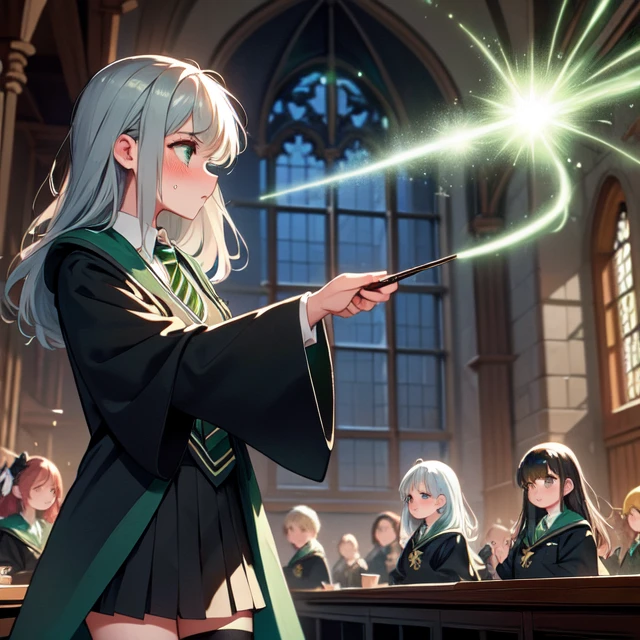 (((masterpiece))), (((best quality))),((profile)), ((slytherin)), ((avada kedavra)), ((winding current)), ((green light)), (holding wand), wide sleeves, striped necktie, thighhighs, sweater, skirt, robe, hazy, wind, table, window, candle, aisle, great hall, hogwarts school uniform, multiple girls, gray hair, big tits, sweat, scared, shy, blush, slim figure, <lora:girllikeslytherin:0.8>