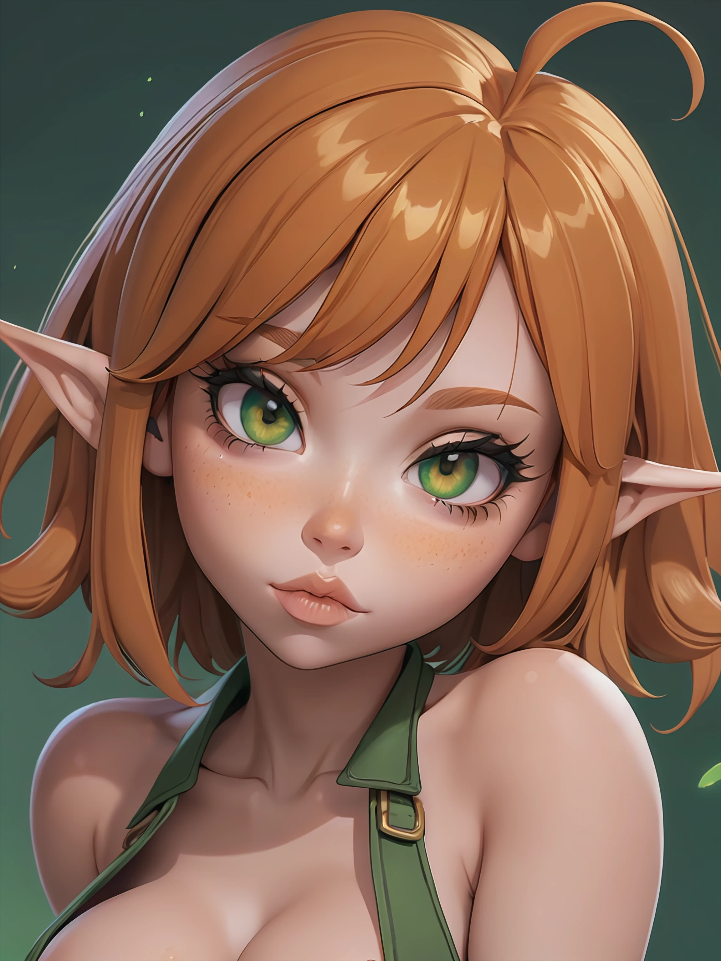 fantasy, solo, cute, (short:1.2), , (shortstack:1.3), goblin girl, puffy lips, dark green lips, big lips, cleavage, bedroom eyes, long eyelashes, orange hair, yellow eyes, freckles, headshot portrait, close-up, kissing, pov, looking at viewer, head tilt, medium breast,
