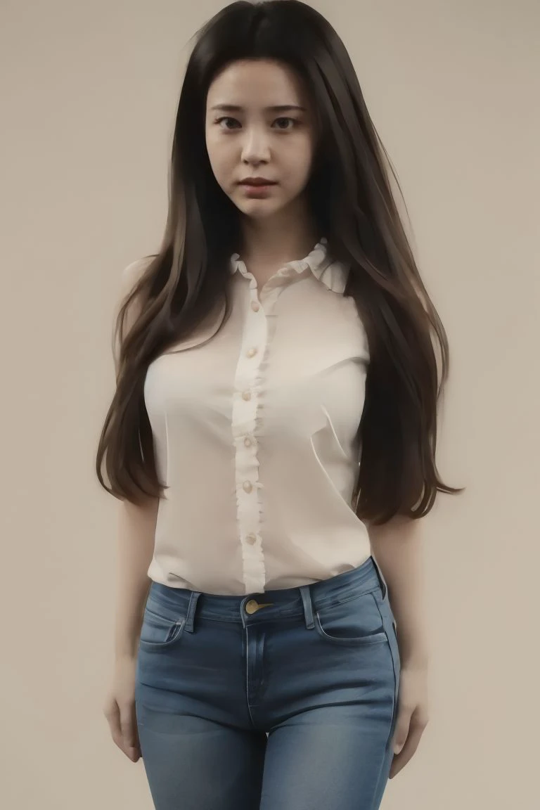 1girl, solo, medium breasts, looking at viewer, realistic, photorealistic, long hair, black hair, hyper detailed, super sharp, crisp, smooth, smooth gradients, depth of field, (in studio: 1.1), (white background: 1.1), <lora:91porn_chuizitanhua_04:1>, <lora:breastsizeslideroffset:-0.25>, <lora:skin_slider_v2_1_FACE:1>, <lora:add_detail_v5:1>, (pussy: 1.1), (sfw), frillded shirt, jeans, (bigeyes)