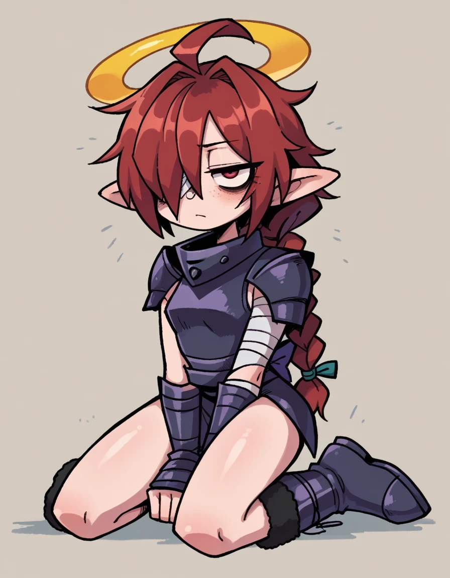 zPDXL, score_9, score_8_up, score_7_up, source_anime,
1girl, solo, squinting, (wariza sitting on knees), samurai wearing a samurai armor, Lamellar armor cuirass with lion motif, leather shin guards, lacquered leather boots, iron helmet with neck guard, <lora:Nullantwins:0.8> Lynn, red hair, red eyes, (bandage over one eye, hair over one eye), braided ponytail, halo, freckles, bags under eyes, jitome, ahoge, pointed ears, flat chest,
<lora:valbun_v2:0.8> valbun,