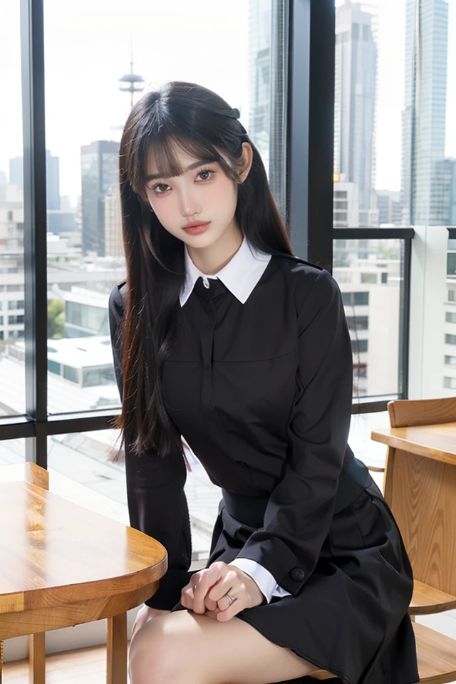 <lora:M02:0.8>,1girl,fashion,cityscape, <lora:abelå¯ç±çç¾:0.35>,1girl, glossy skin,shiny skin,beautiful sky,upper body, school, (black uniform:1.5), hair tie, table,sitting, window, <lora:AI_hanvy:0.35> <lora:BJD_20230729141309:0.1>