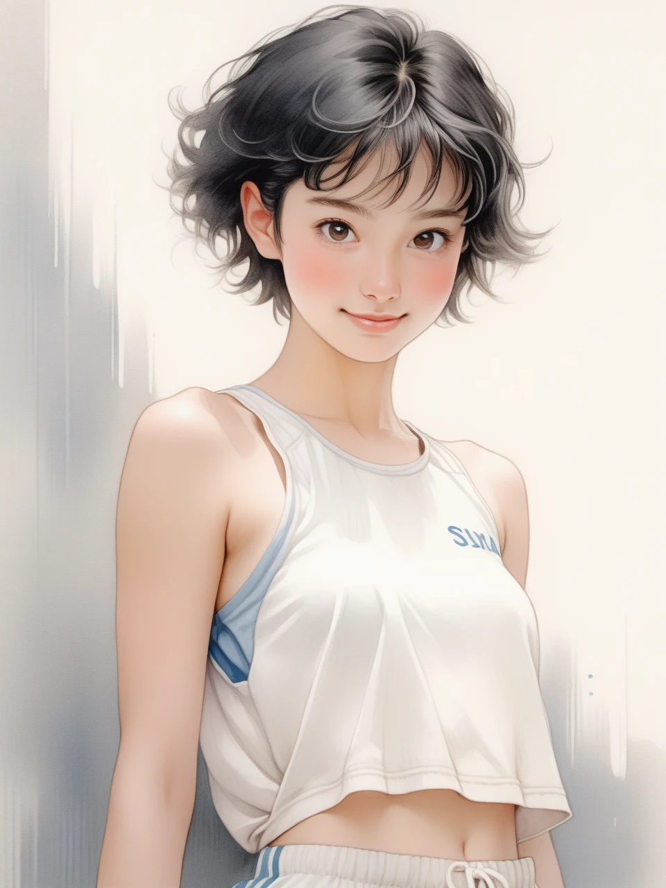 Ink pastel,front view,half portrait with waist up,a beautiful 20-year-old girl with neat short black hair,round eyes,cute,shy smile,designer sports shorts,comic illustration,attractive,revival mural,Antonio Boraiolo style,Yoshitaka Amano style,
Miho Hirano style,8K,high resolution.,