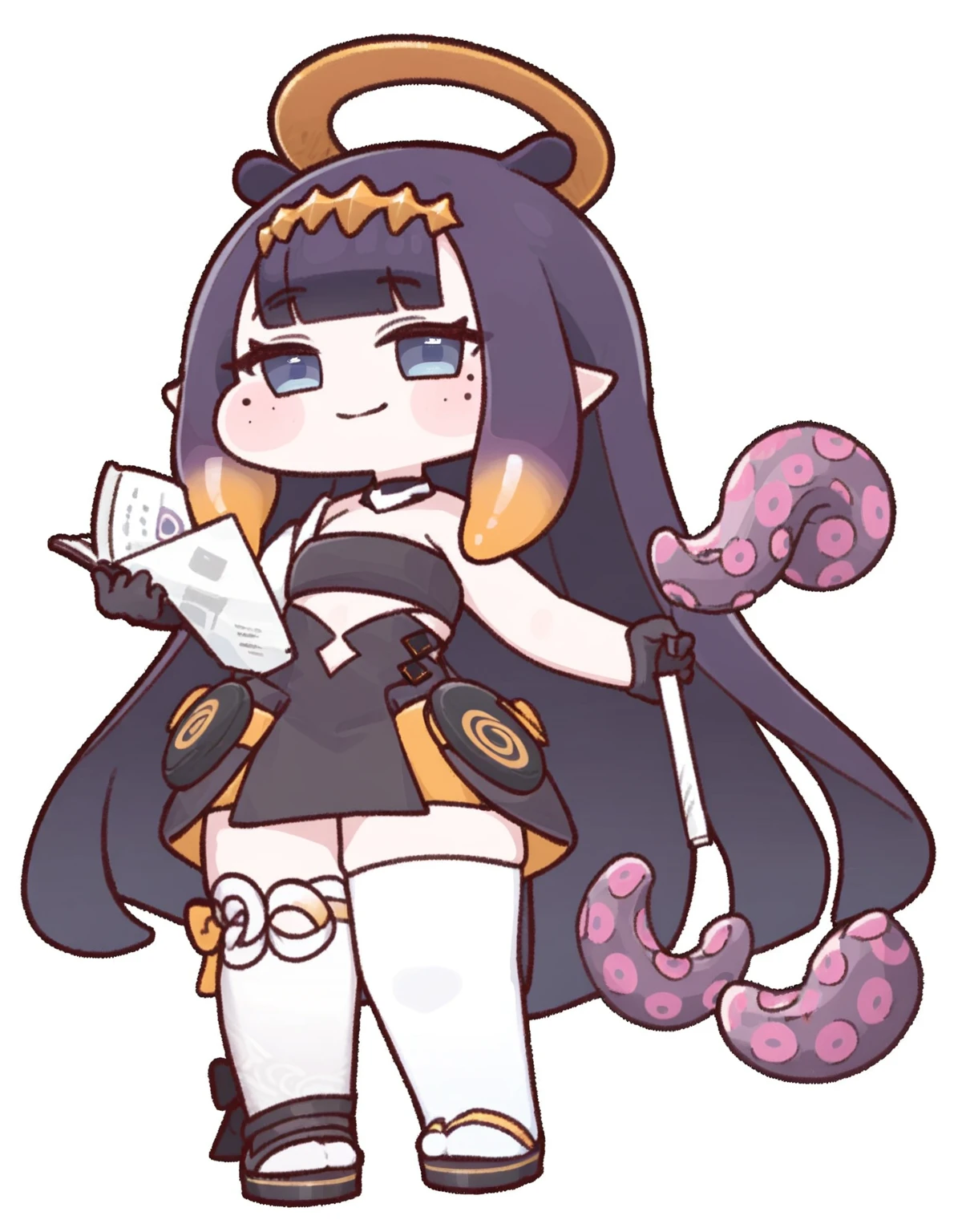 <lora:Trickcal_Revive:1>,1girl, ninomae ina'nis, virtual youtuber, long hair, tentacle hair, ninomae ina'nis (1st costume), blunt bangs, solo, tentacles, sidelocks, very long hair, multicolored hair, thighhighs, halo, orange hair, single thighhigh, gradient hair, pointy ears, book, white background, wings, gloves, full body, smile, looking at viewer, low wings, simple background, black gloves, dress, holding book, detached sleeves, purple hair, holding, white thighhighs, mole, black dress, mole under eye, sandals, blush, standing, strapless, closed mouth, flat chest, okobo, single detached sleeve, bare shoulders, strapless dress, platform footwear, blue eyes, black hair,chibi,, masterpiece,newest,absurdres,safe,