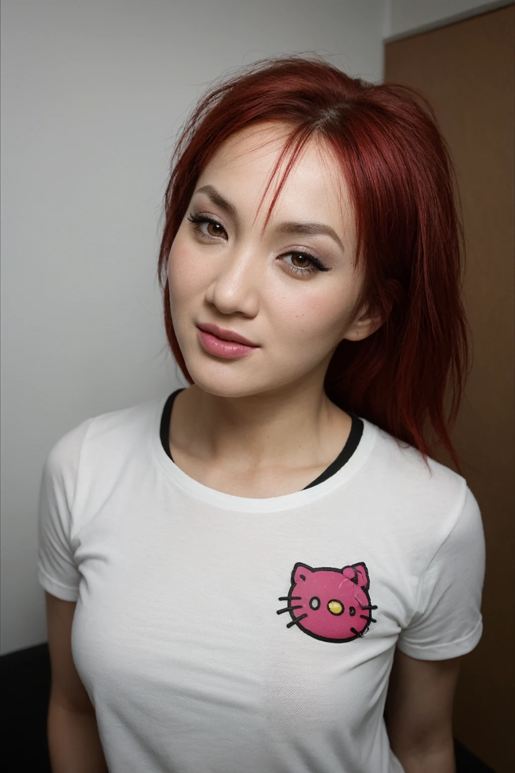 photo portrait of k4t5umi, red hair, (closeup:1.2), high key, studio, wearing a hello kitty shirt <lora:k4t5umi:0.7>