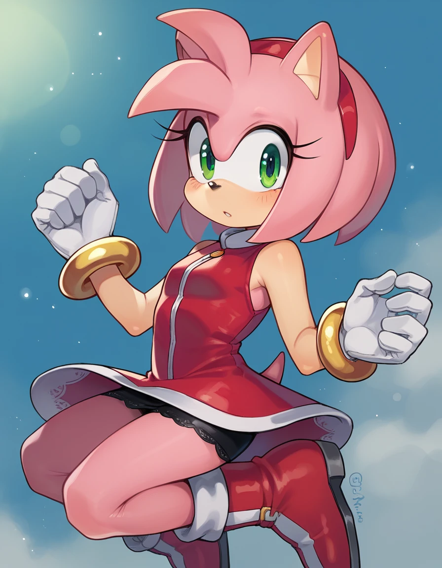 zPDXL, score_9, score_8_up, score_7_up, source_anime, 1girl, solo, (portrait),
<lora:Yomu_v1:1> y0mu, Amy Rose, pink hedgehog, hedgehog tail, pink fur, white gloves, gold bracelets, flat chest, , :o, jumping, lace-bodysuit, leather-skirt, over-the-knee-boots, pantyhose,