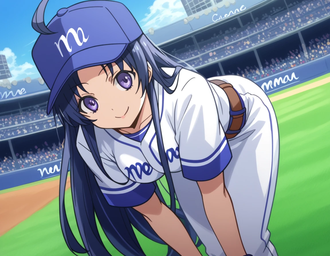 score_9, score_8_up, score_7_up, source_anime,
memetouwa, <lora:meme-touwa-s1-ponyxl-lora-nochekaiser:1>,
meme touwa, long hair, blue hair, purple eyes, ahoge, parted bangs,
hat, uniform, baseball cap, sportswear, baseball uniform,
outdoors, stadium, smile, ,
cowboy shot, looking at viewer, dutch angle, solo,