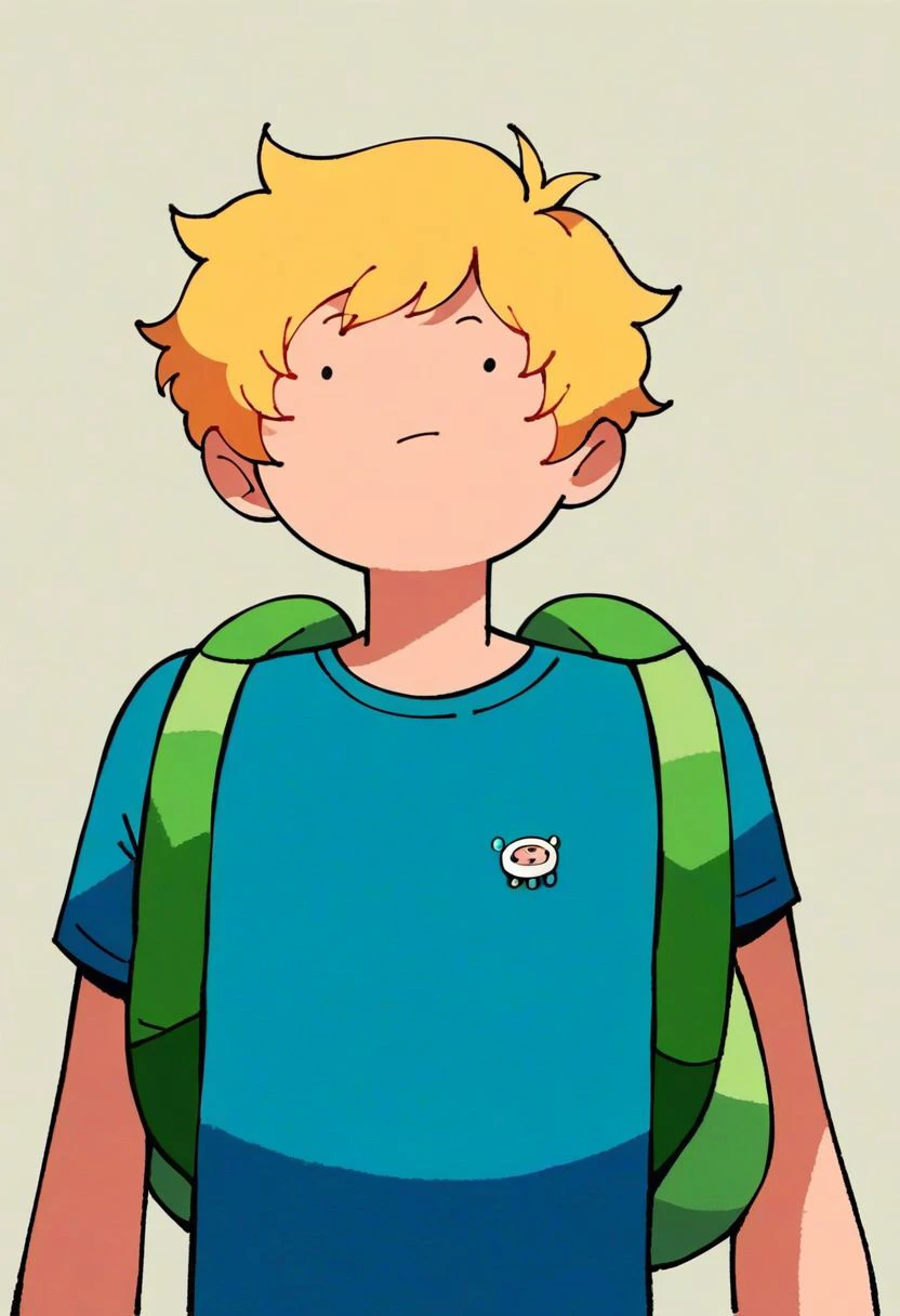 score_9, score_8_up, score_7_up, source_anime,  
(best quality:1.1), (masterpiece:1.2), (detailed:1.1), (highres, best quality:1.2), adventure time
solo, 1boy,finn the human, \(adventure time\), Blue shirt, shirt, Blue short, short, without hat, blonde hair, short hair, dot eyes, green backpack, backpack