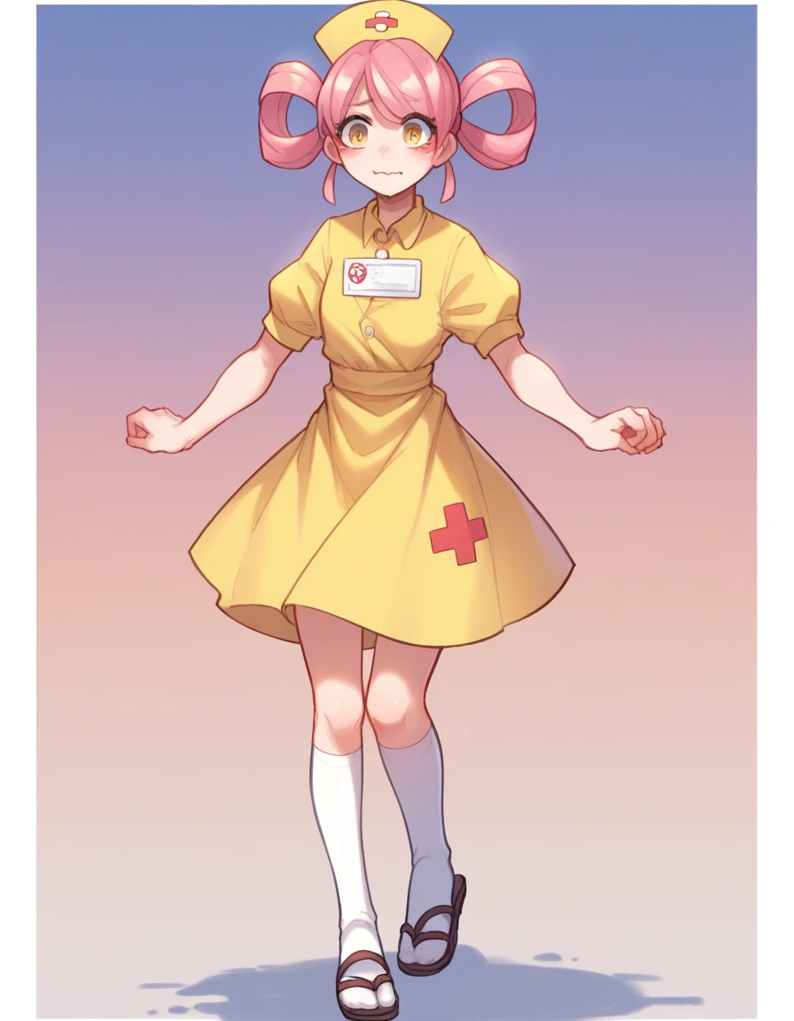 zPDXL, score_9, score_8_up, score_7_up, source_anime,
1girl, solo, <lora:Popoka_v2:1> ppka, Pokemon, Nurse Joy, pink hair, hair rings,, wavy mouth, closed mouth, running, waitress wearing Cheerful yellow sundress with a floral print, white knee-high socks, brown sandals, elegant hair comb, wearing a name tag,