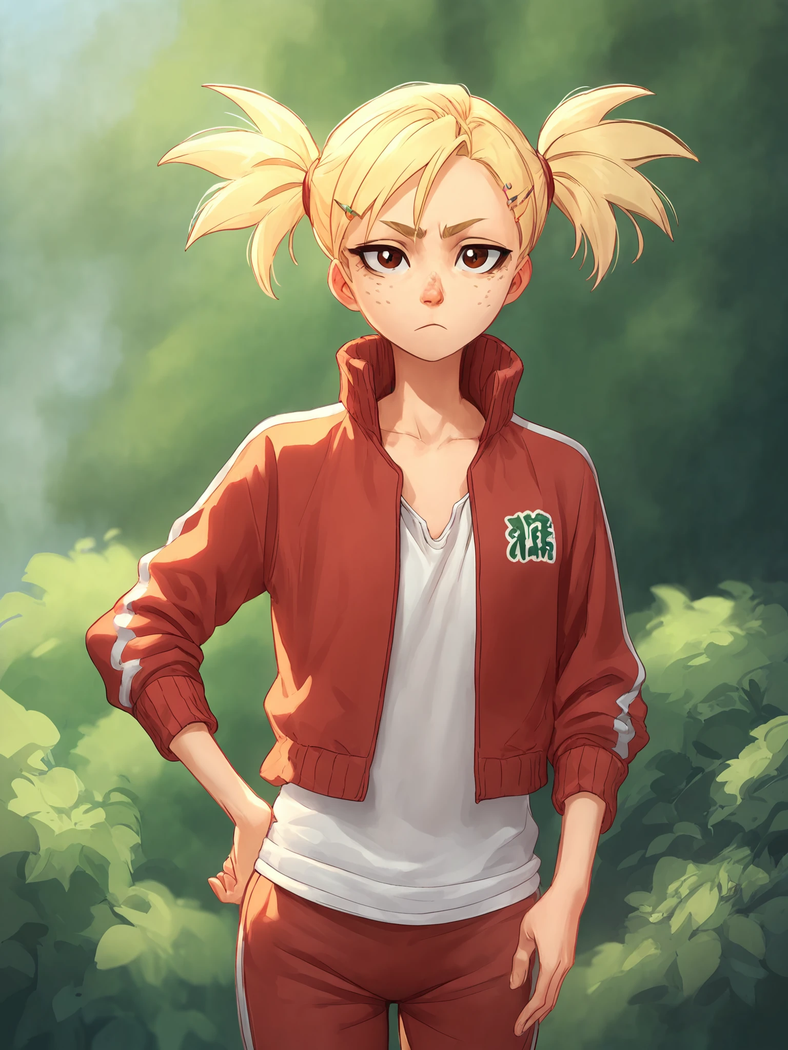 hiyorisarugaki, solo, 1girl, blonde hair, red track jacket, twintails, freckles, hairclip, brown eyes, red track pants, white tank top <lora:HiyoriSarugakiPony1.0:0.85>, score_9, score_8_up, score_7_up, score_6_up, score_5_up, score_4_up, looking at viewer, hand on own hip, cowboy shot,outdoors,