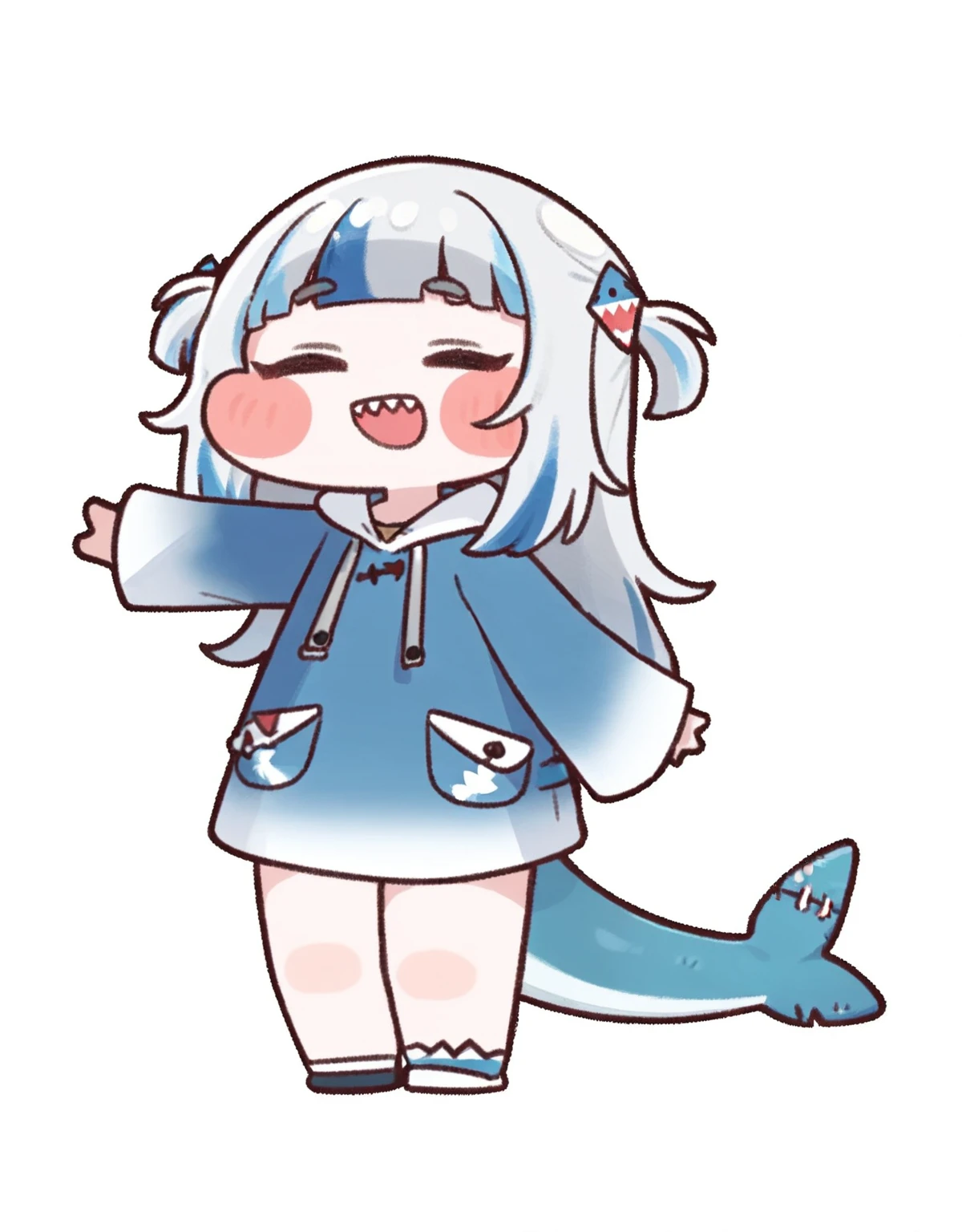 <lora:Trickcal_Revive:1>,1girl, gawr gura, fish tail, virtual youtuber, shark tail, tail, solo, teeth, sharp teeth, closed eyes, multicolored hair, streaked hair, shark girl, grey hair,  , blue hair, open mouth, hair ornament, shark hair ornament, two side up, blush stickers, smile, bangs, hood, blue hoodie, long sleeves, long hair, sleeves past wrists, hoodie,chibi, masterpiece,newest,absurdres,safe,