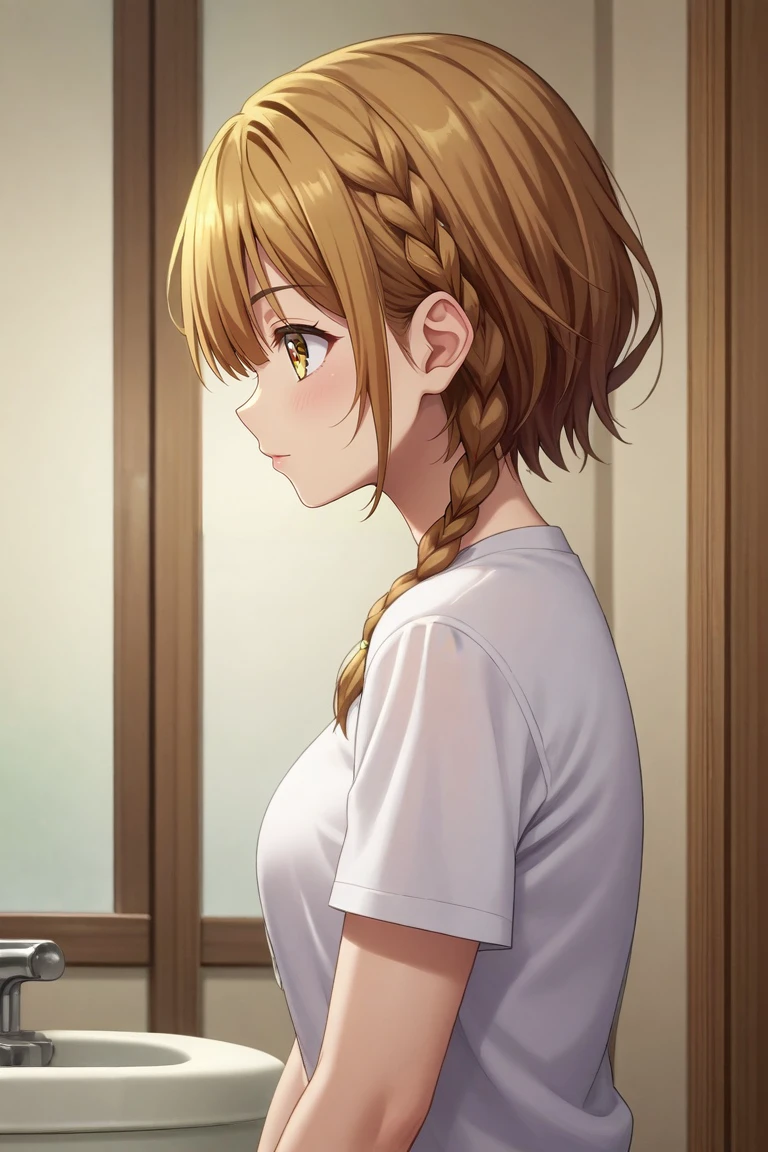 score_9, score_8_up, score_7_up, source_anime, rating_safe, intricate details, semi-realistic, , , 1girl, solo, <lora:yoshino_koiwai_pony:0.8>, yoshino_koiwai, brown hair, yellow eyes, short hair, braid, side braid, single braid, bangs, , from side, bathroom, indoors, light, w arms, sparkling eyes, , <lora:sdxl_lightning_8step_lora:1>
