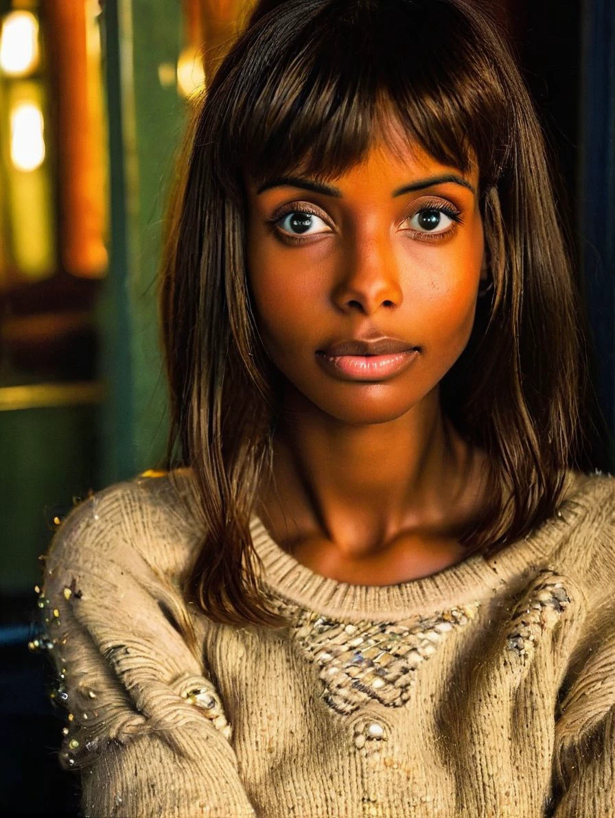photo, realistic, irl, score_9, score_8_up, score_7_up, score_6_up, source_photo, rating_safe, soniaRolland 1girl, 24 years old, mid body portrait, dark skin, straight hair, long hair, bangs, perfecteyes, dark eyes, eye contact, shy, blushed, aroused BREAK wearing wool pullover BREAK Majolikahaus in Wien
 <lora:soniaRolland:1>