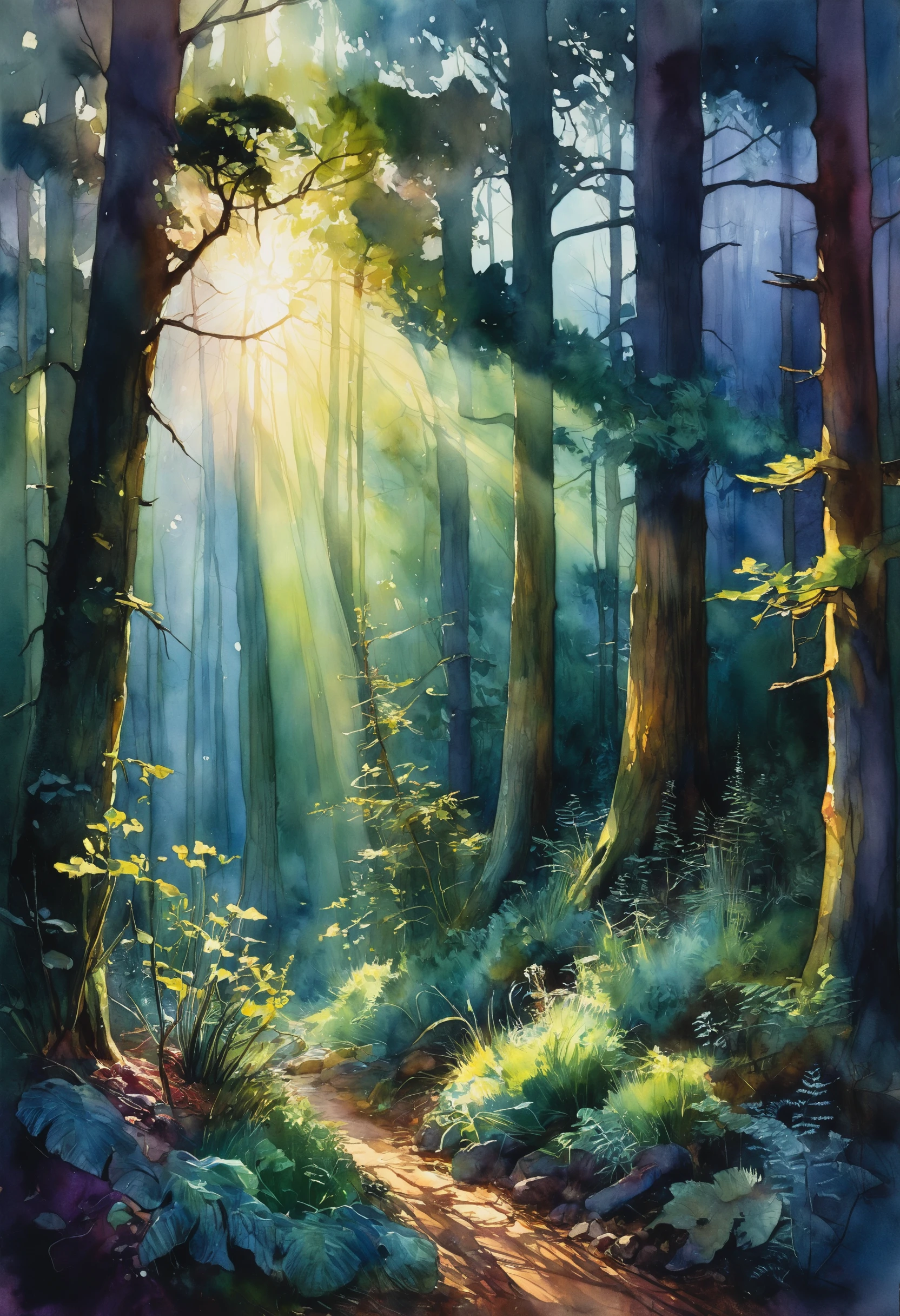 Dark mysterious forest, perfect watercolor illustration, alcohol ink, crossed colors, highly detailed, dappled light, crepuscular rays, captivates with sharp focus, high resolution details, ultra-thin textures, intricate, studio photo quality, by Peder Mork Monsted, by Erin Hanson, by Claude Monet, by Arthur Hughes, by Melissa McKinnon, by David Mack,